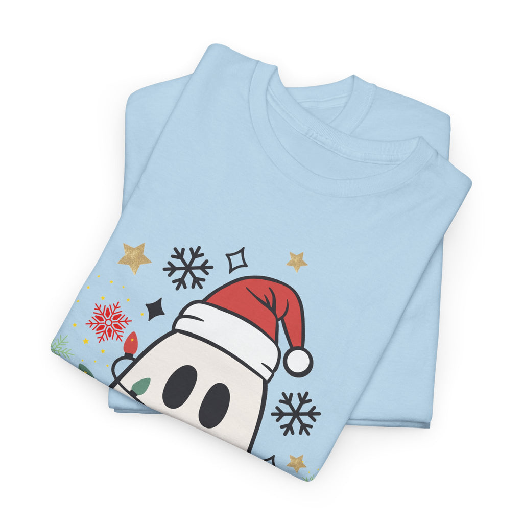 Christmas Ghost T-Shirt — Cute Haunted Holiday Tee with Santa Hat & Lights
