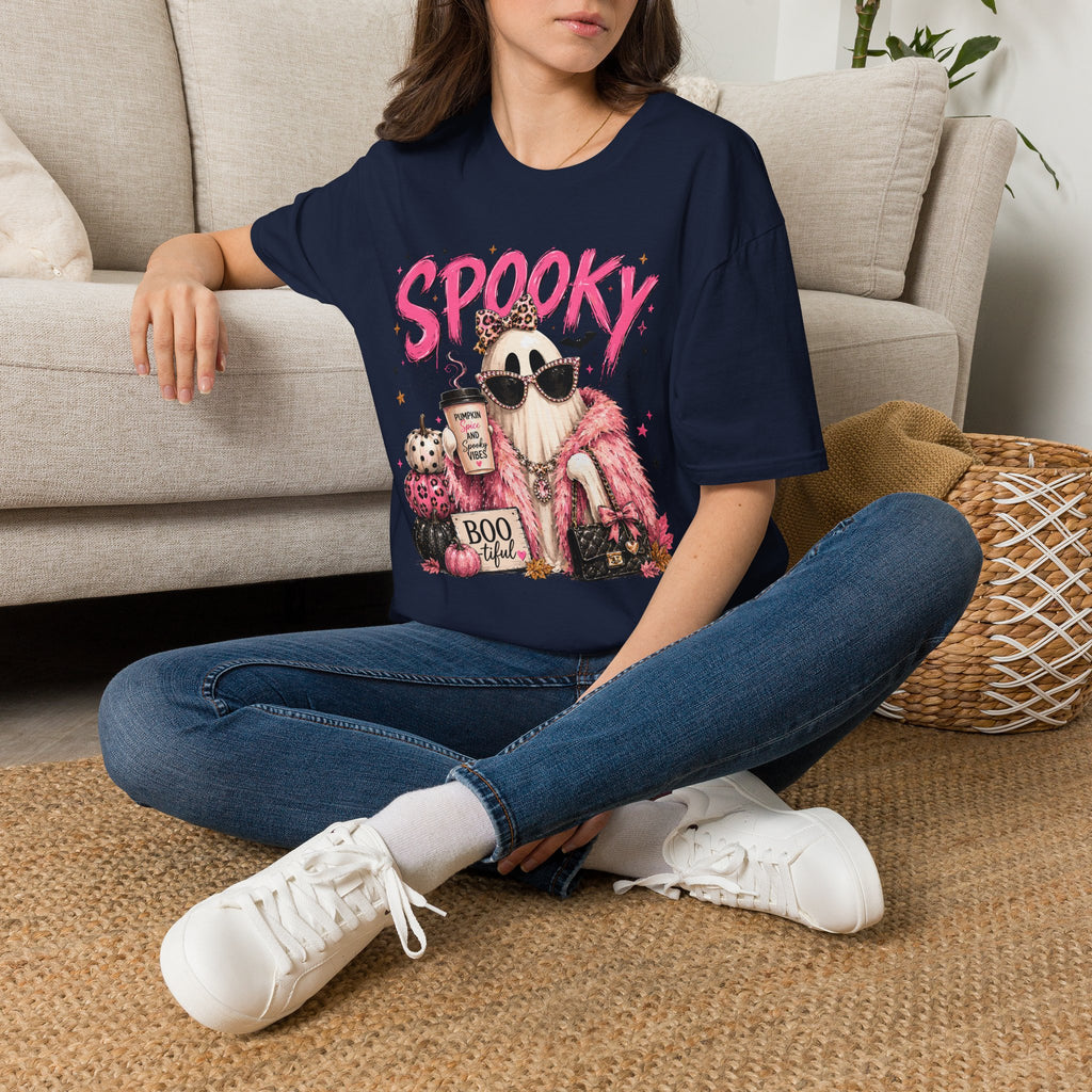 Spooky Glam T-Shirt — Cute Pink Ghost with Sunglasses & Pumpkin Latte