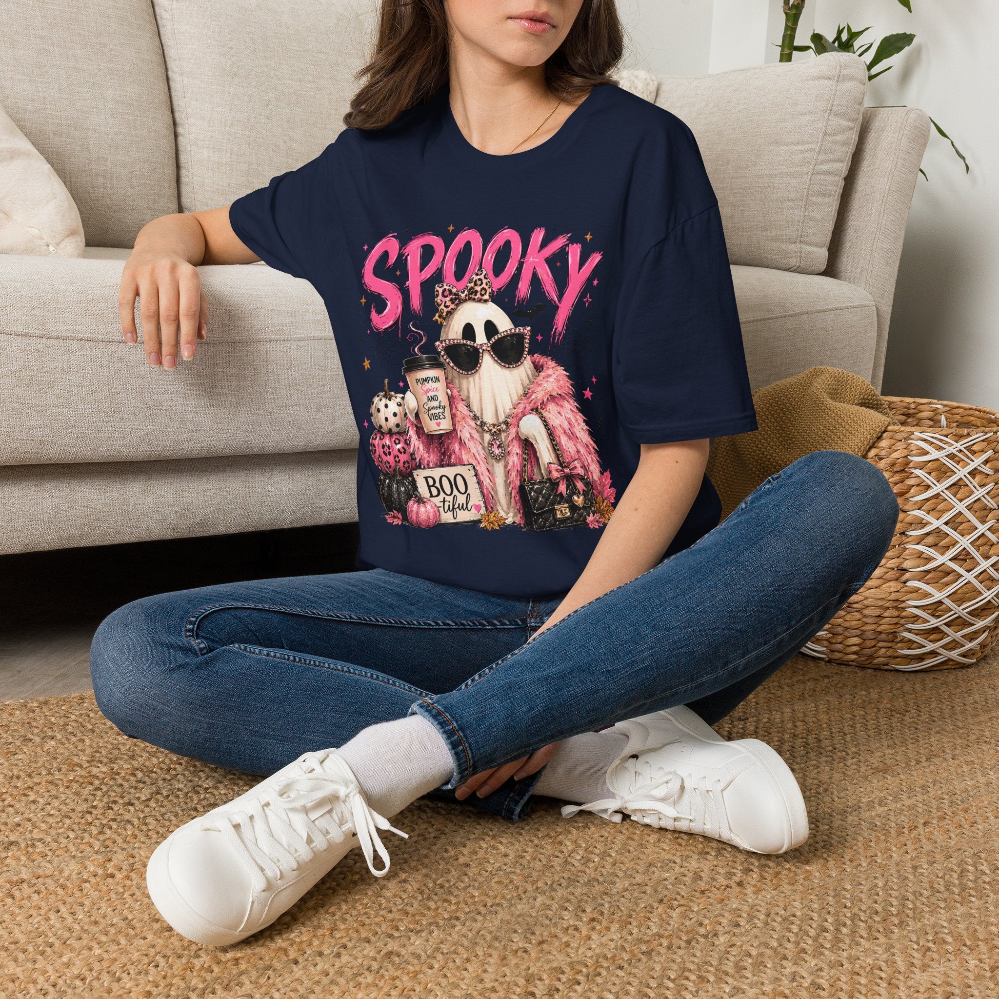 Spooky Glam T-Shirt — Cute Pink Ghost with Sunglasses & Pumpkin Latte