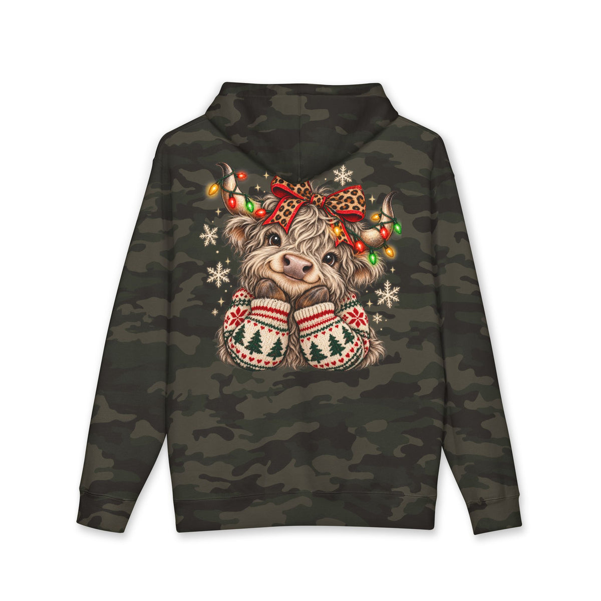 Christmas Cow Hoodie – Cute Highland Cow with Festive Lights & 'Merry Dolly Christmas' Design