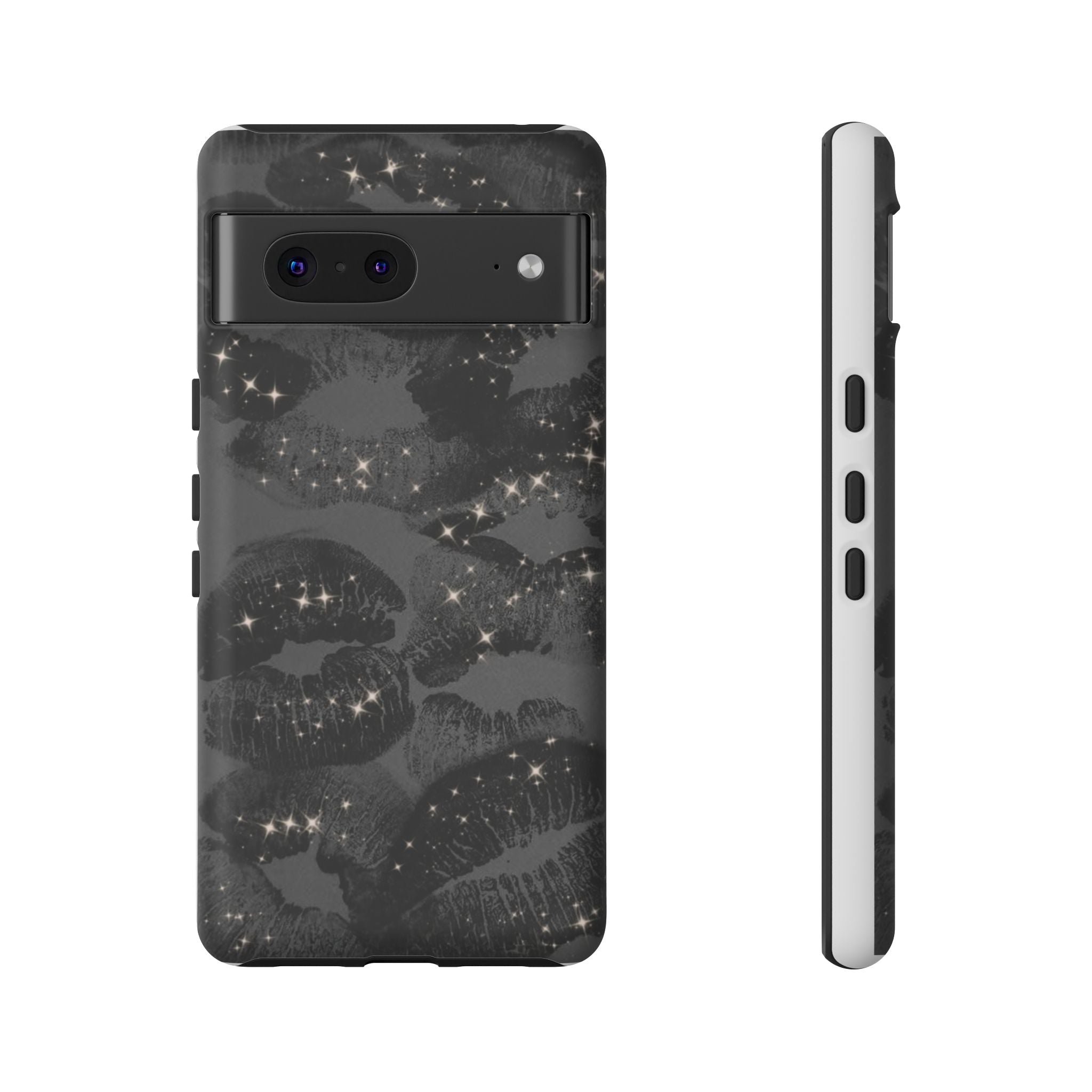 Black Glitter Kiss Phone Case — Sparkling Lip Print Protective Cover