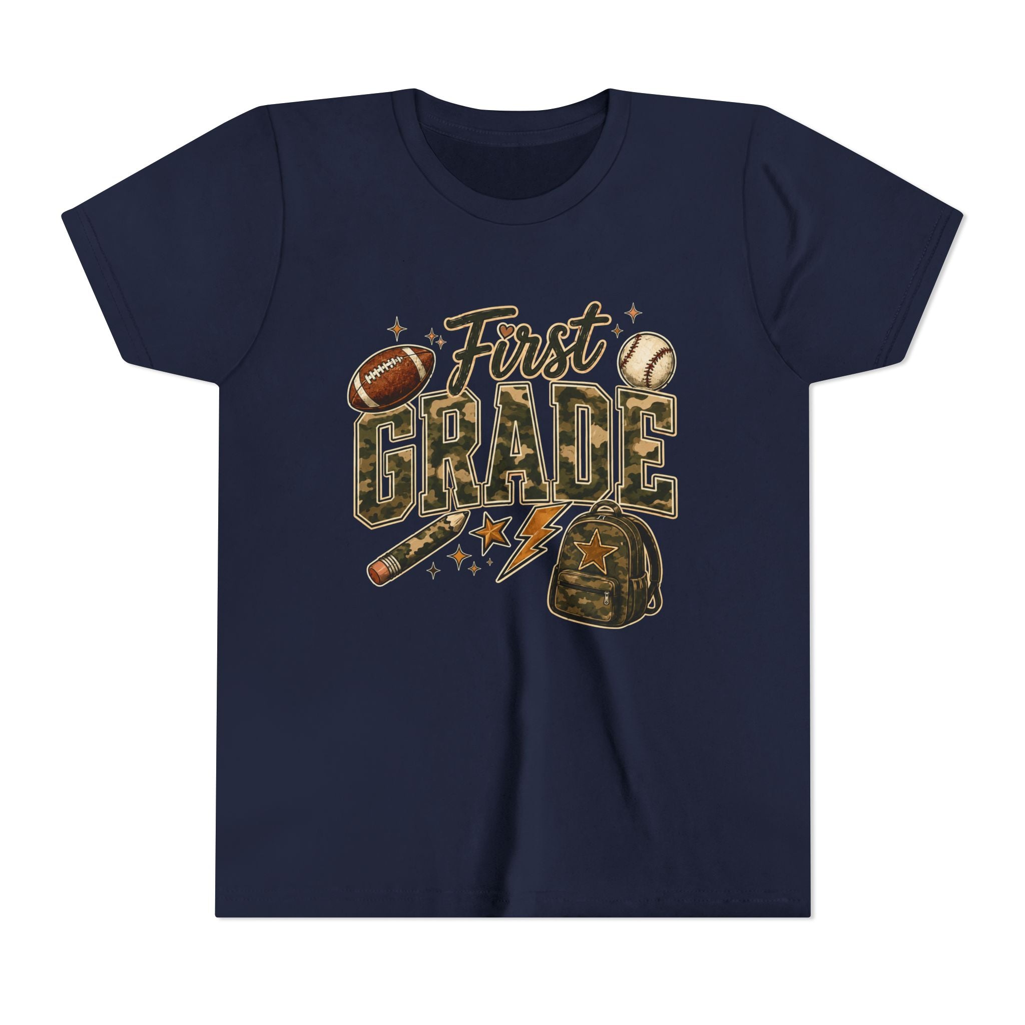 First Grade Kids T‑Shirt — Back to School Sports Backpack Design