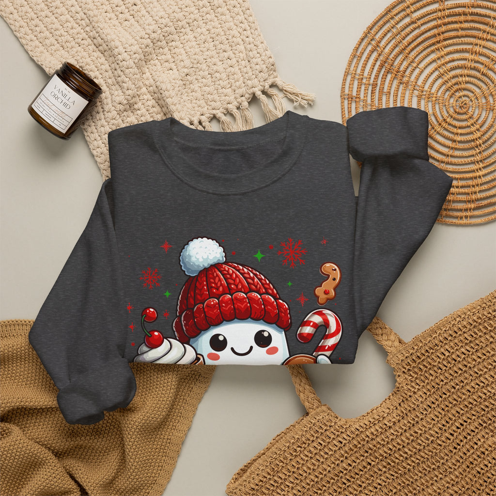 Holiday Marshmallow Character Sweatshirt — Cute Snowman with Gingerbread & Hot Cocoa