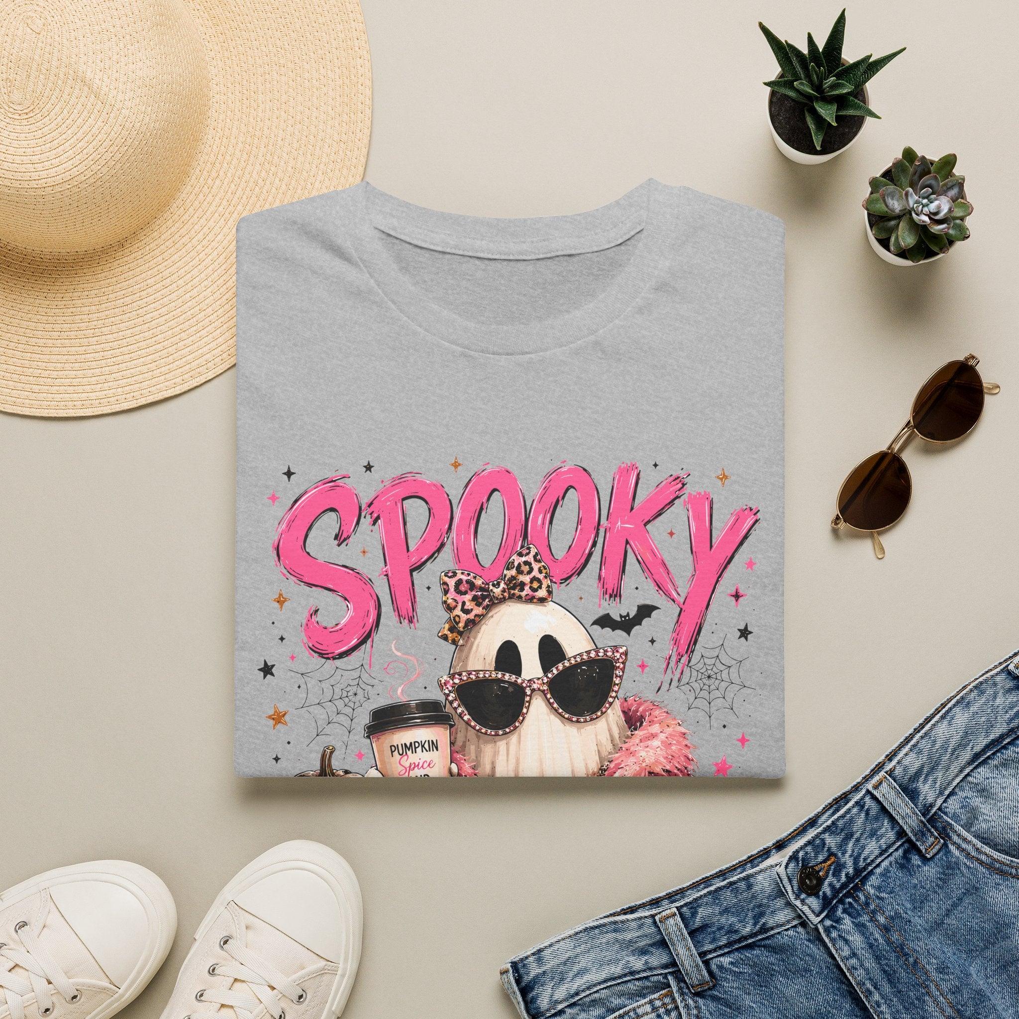 Spooky Glam T-Shirt — Cute Pink Ghost with Sunglasses & Pumpkin Latte