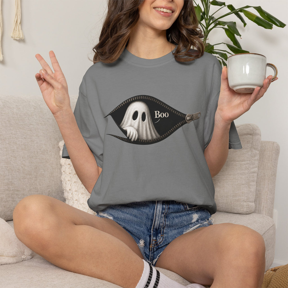 Ghost Peek T-Shirt — "Boo" Zipper Graphic Halloween Tee