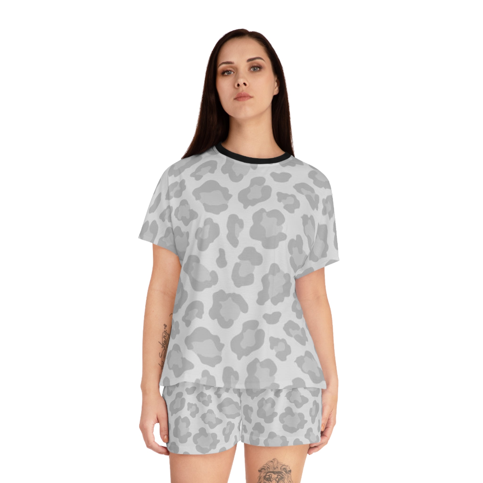 Gray Leopard Print Women's Short Pajama Set — Cozy Sleep Tee & Shorts