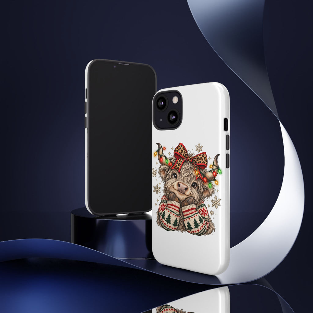 Holiday Highland Cow Phone Case – Festive Lights & Cozy Sweater Design