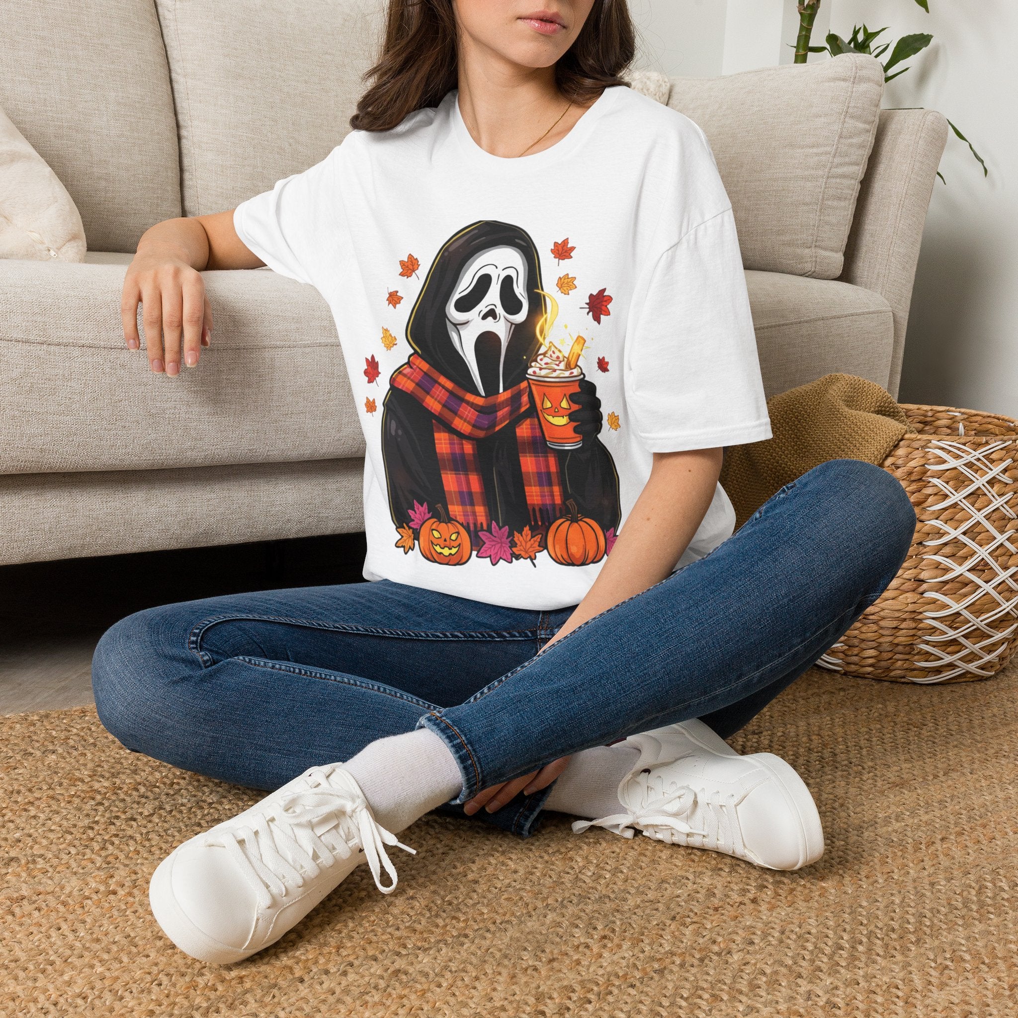 Halloween Scream Mask T‑Shirt — Cozy Fall Pumpkin & Hot Cocoa Graphic Tee