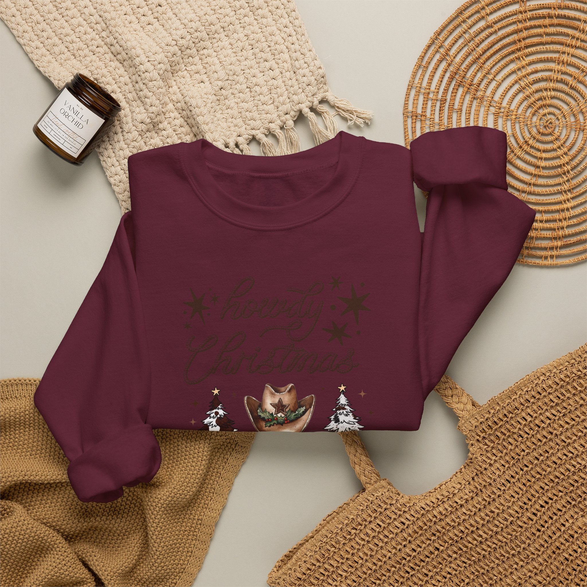 Howdy Christmas Sweatshirt — Western Cowboy Holiday Crewneck with Boots & Trees