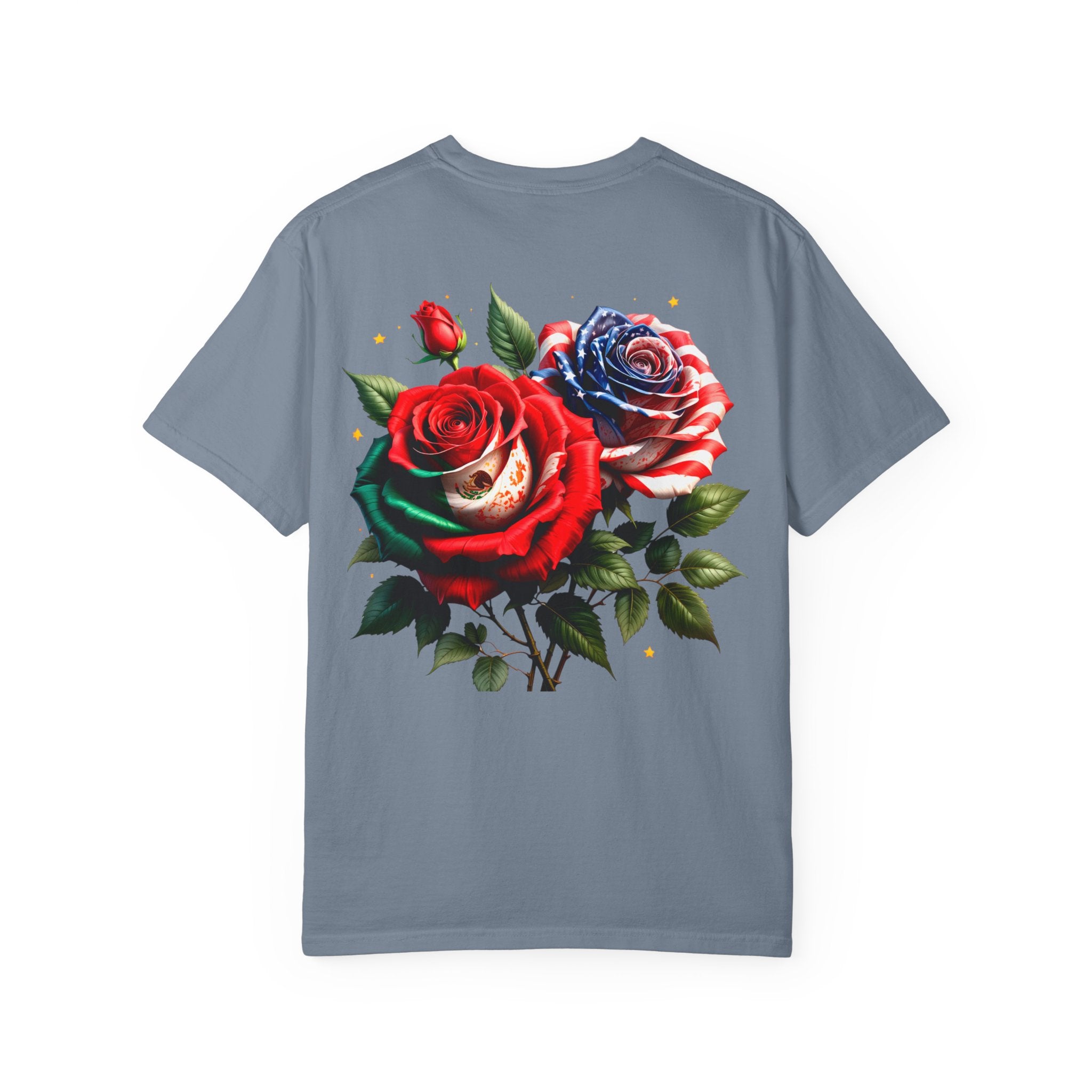 Rose Bouquet T-Shirt — Vintage Red & Blue Floral Back Graphic