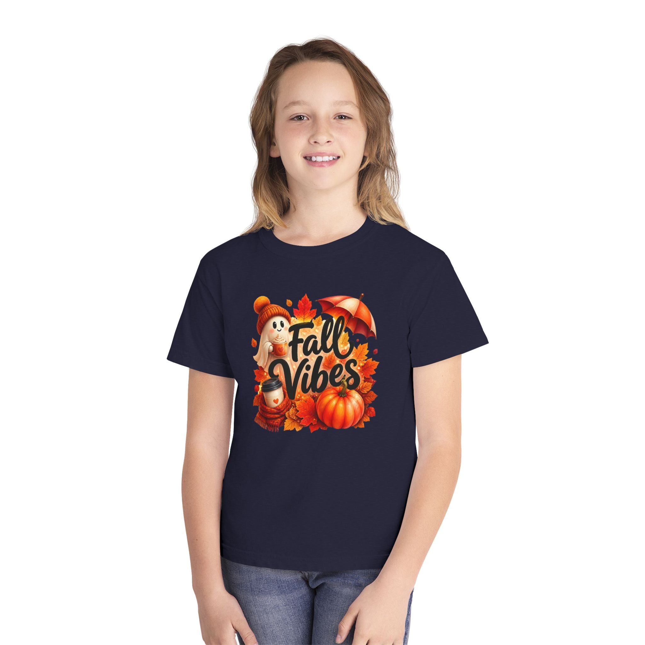 Fall Vibes Youth Tee — Cute Pumpkin, Leaves & Scarecrow Autumn Shirt
