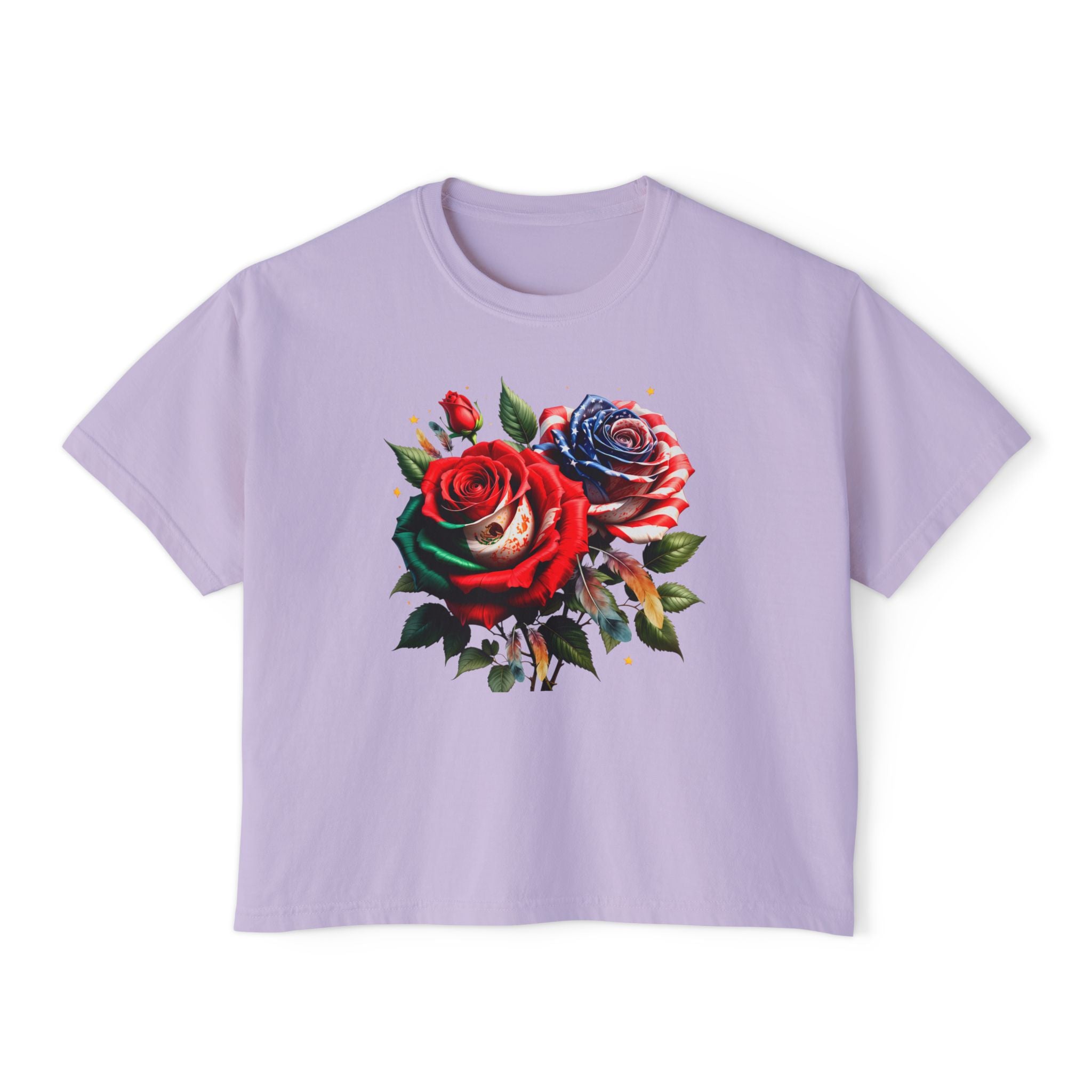 Women’s Boxy Tee — Vintage Red & Blue Rose Floral Graphic
