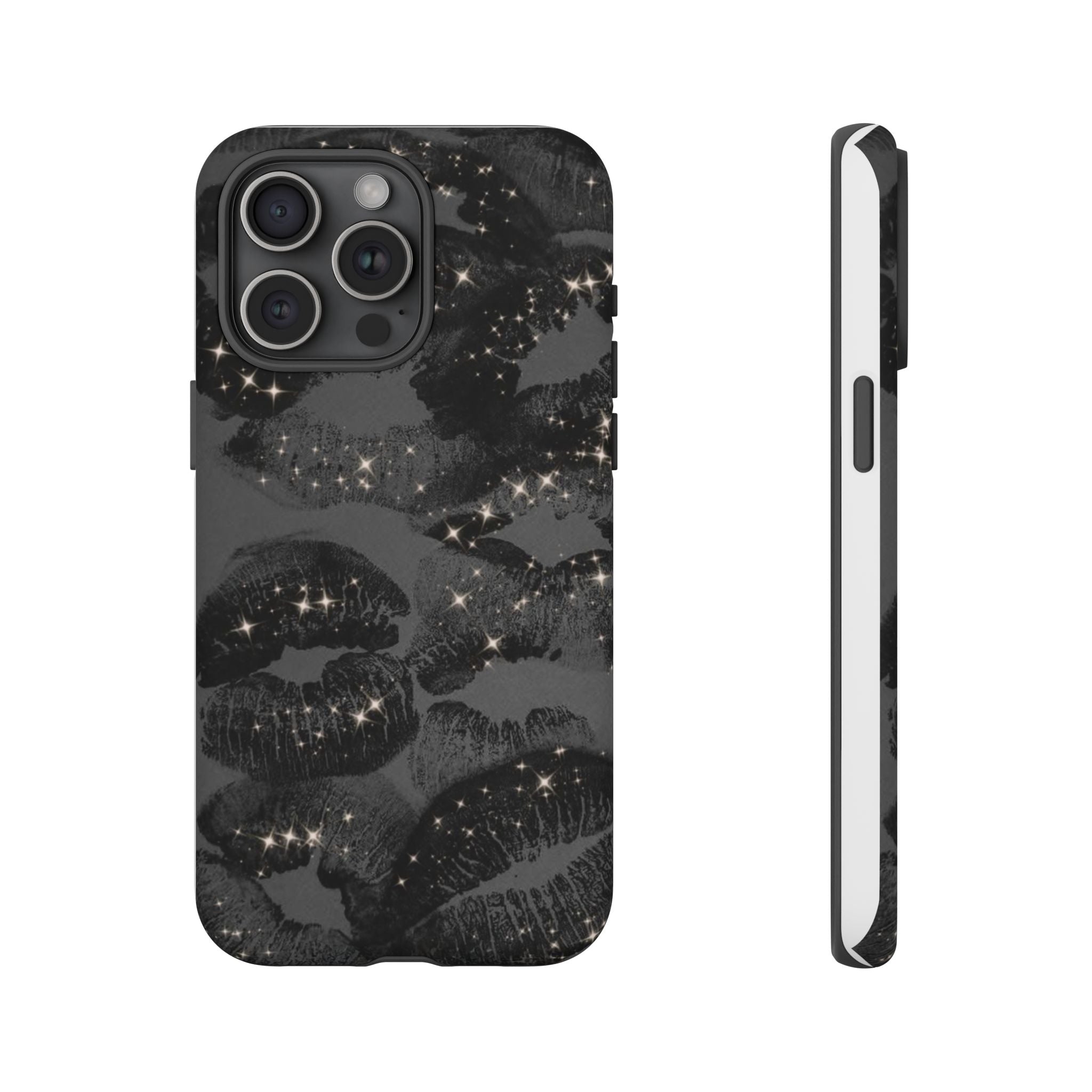 Black Glitter Kiss Phone Case — Sparkling Lip Print Protective Cover