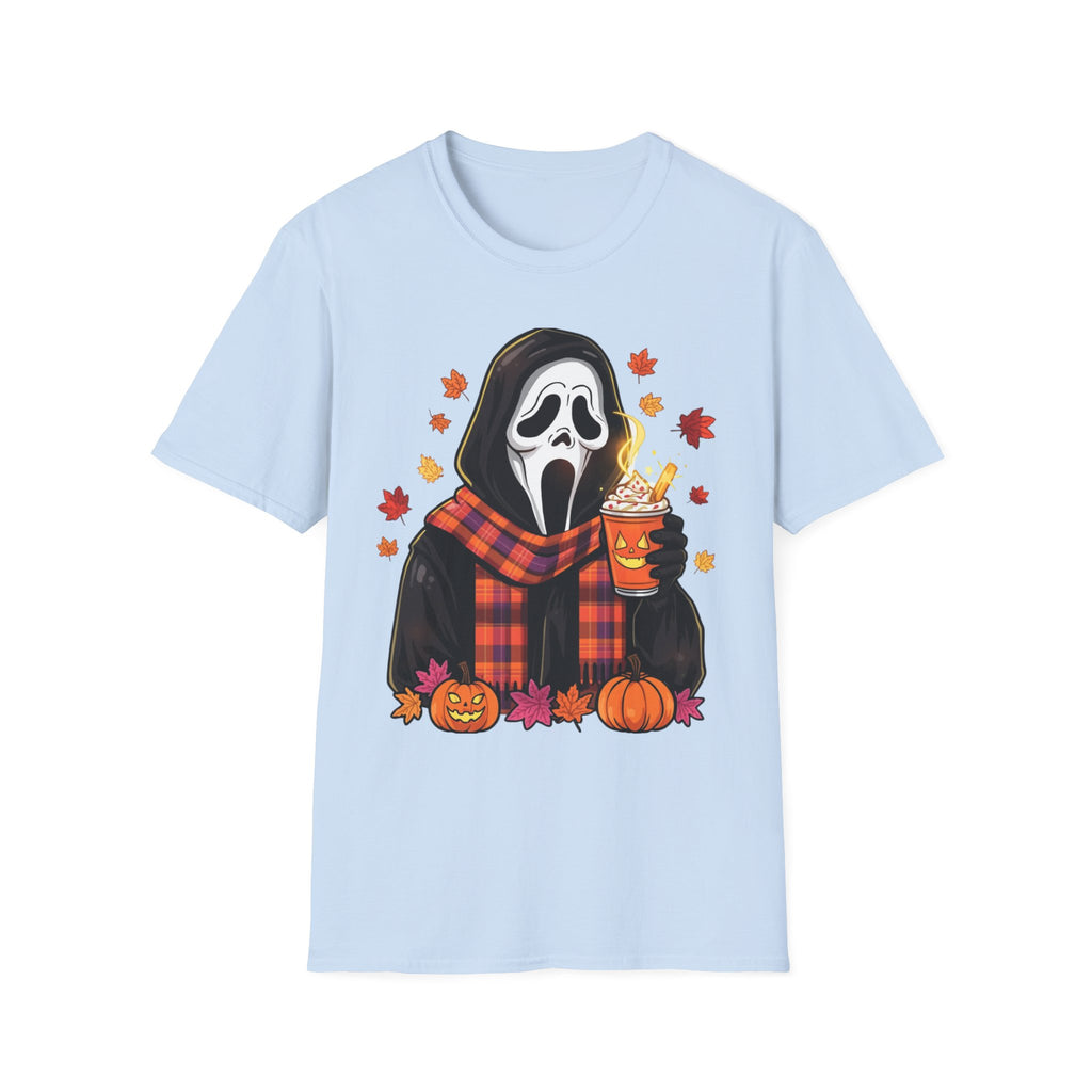 Halloween Scream Mask T‑Shirt — Cozy Fall Pumpkin & Hot Cocoa Graphic Tee