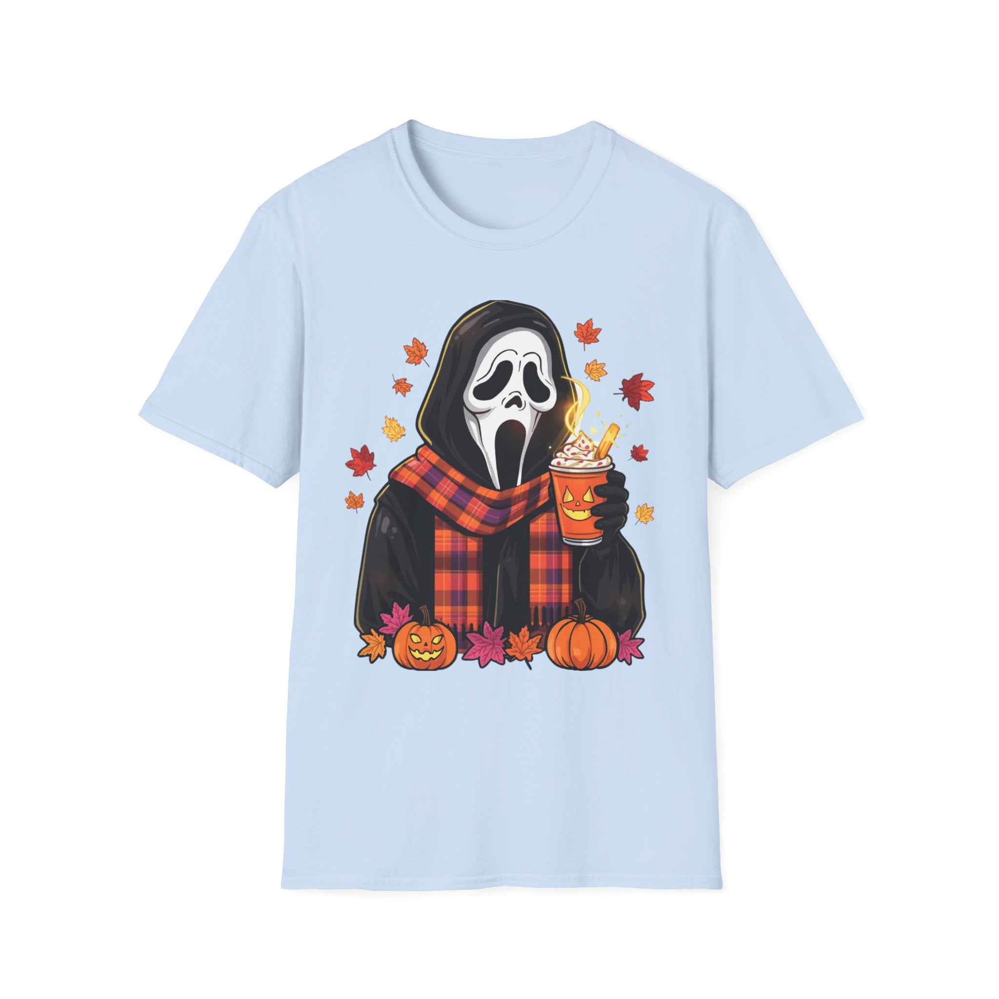 Halloween Scream Mask T‑Shirt — Cozy Fall Pumpkin & Hot Cocoa Graphic Tee