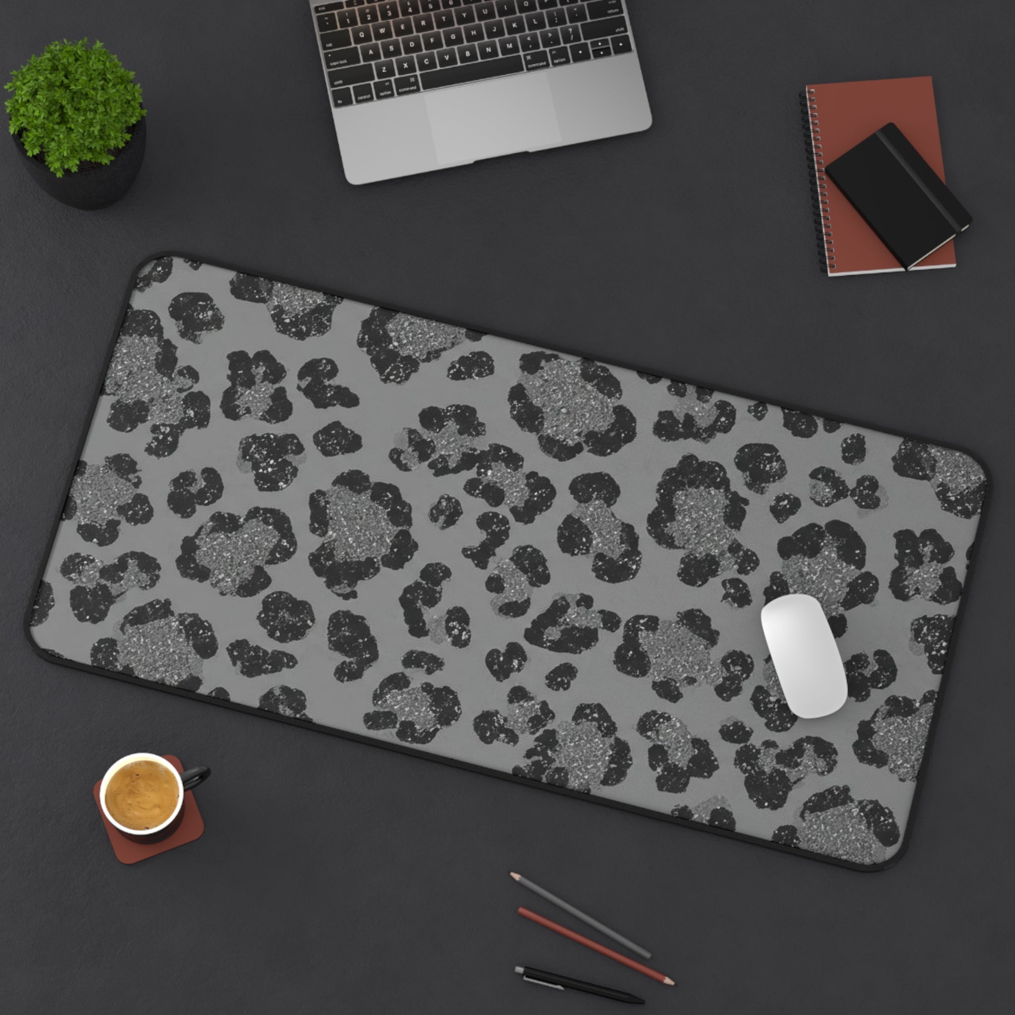 Grey Leopard Print Desk Mat — Stylish Anti-Slip Mouse Pad