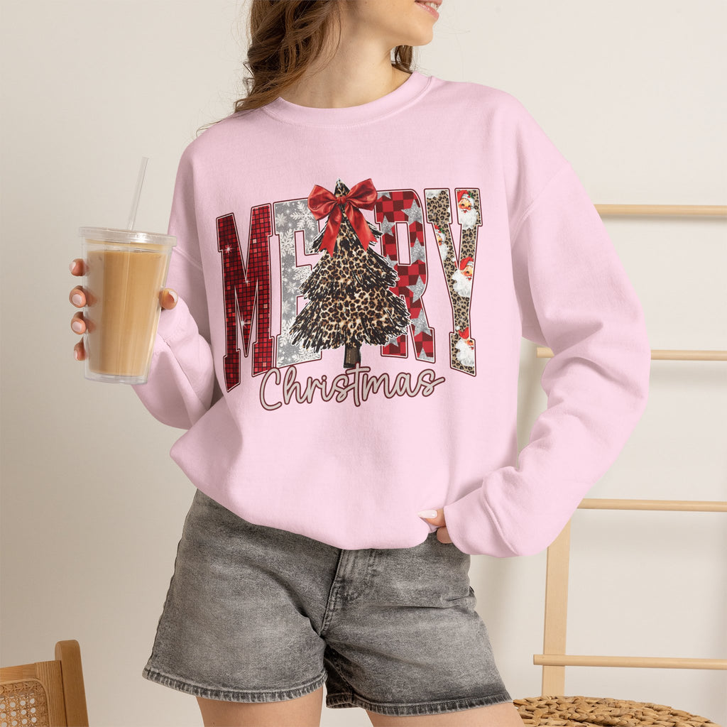 Merry Christmas Crewneck Sweatshirt — Festive Tree & Bow Holiday Sweatshirt