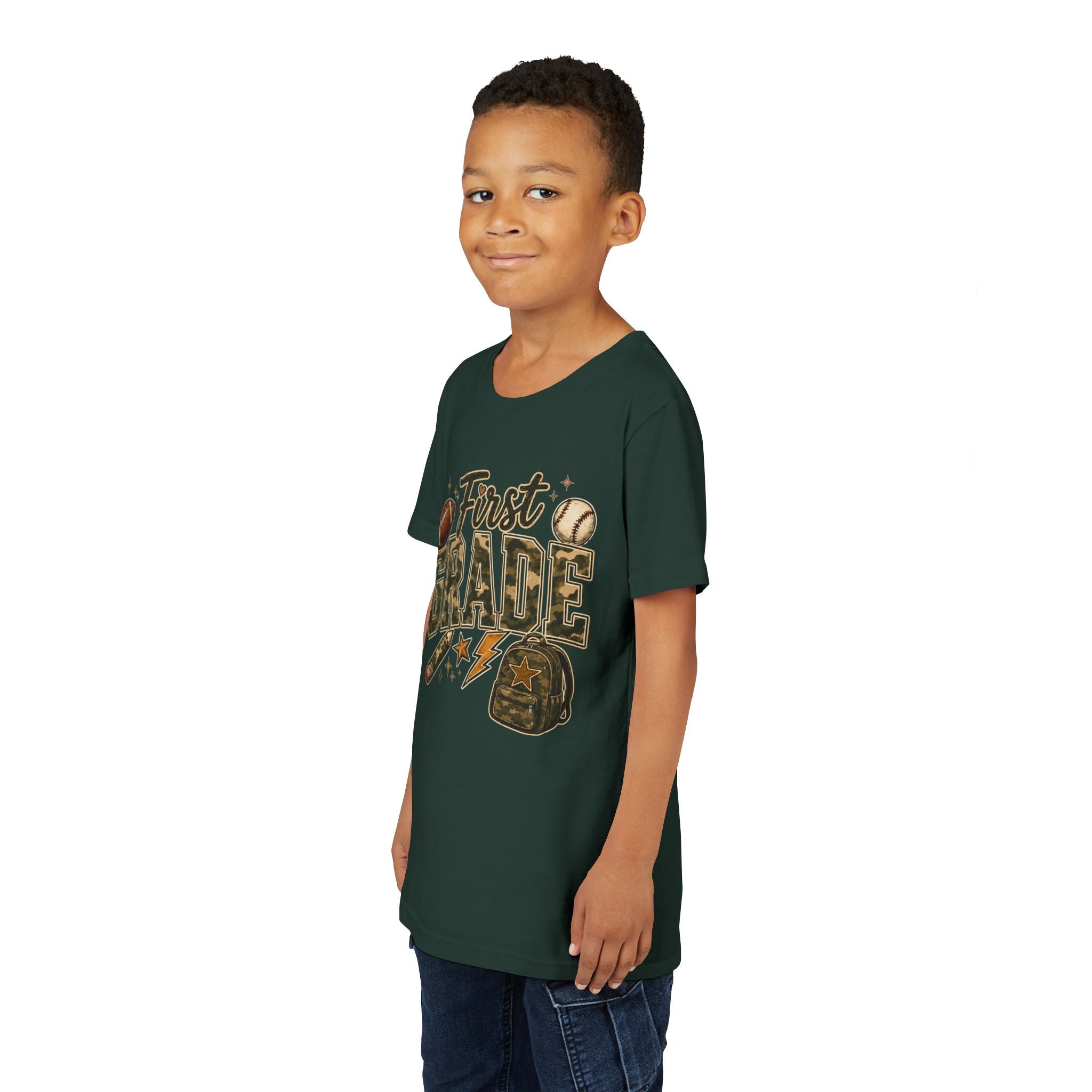 First Grade Kids T‑Shirt — Back to School Sports Backpack Design