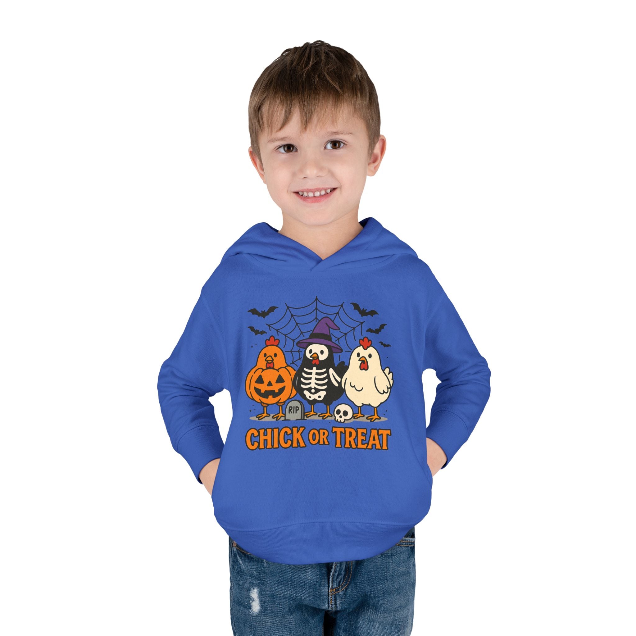 Toddler Halloween Pullover Hoodie – "Chick or Treat" Pumpkin Skeleton Chicken Kids Fleece