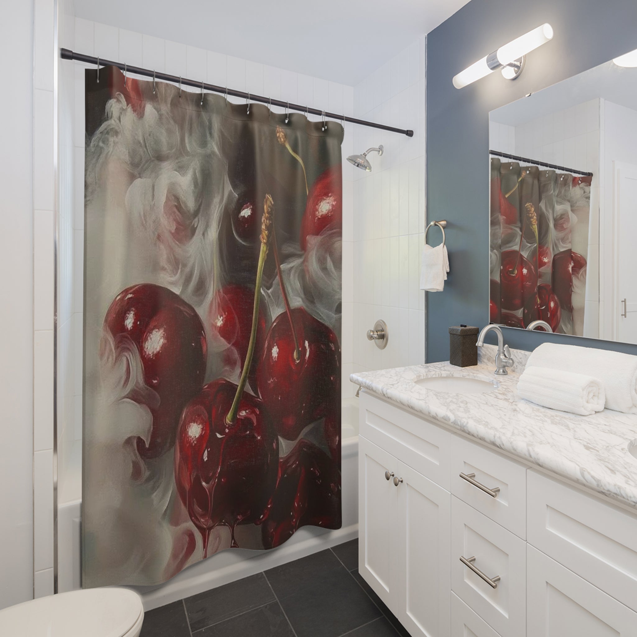 Cherry Smoke Shower Curtain — Dramatic Red Cherry Bathroom Decor