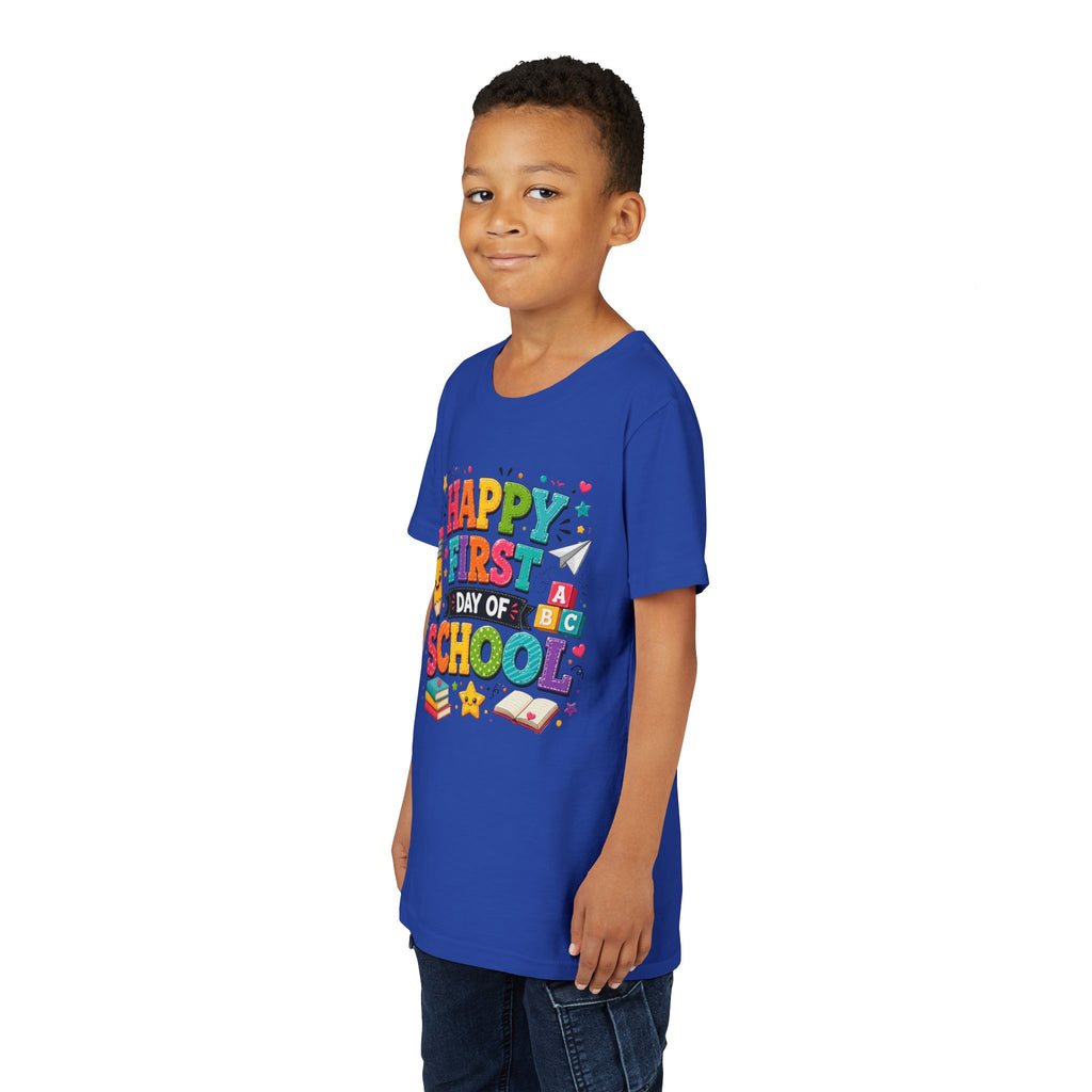 Youth Tee — "Happy First Day of School" Back-to-School Graphic Shirt