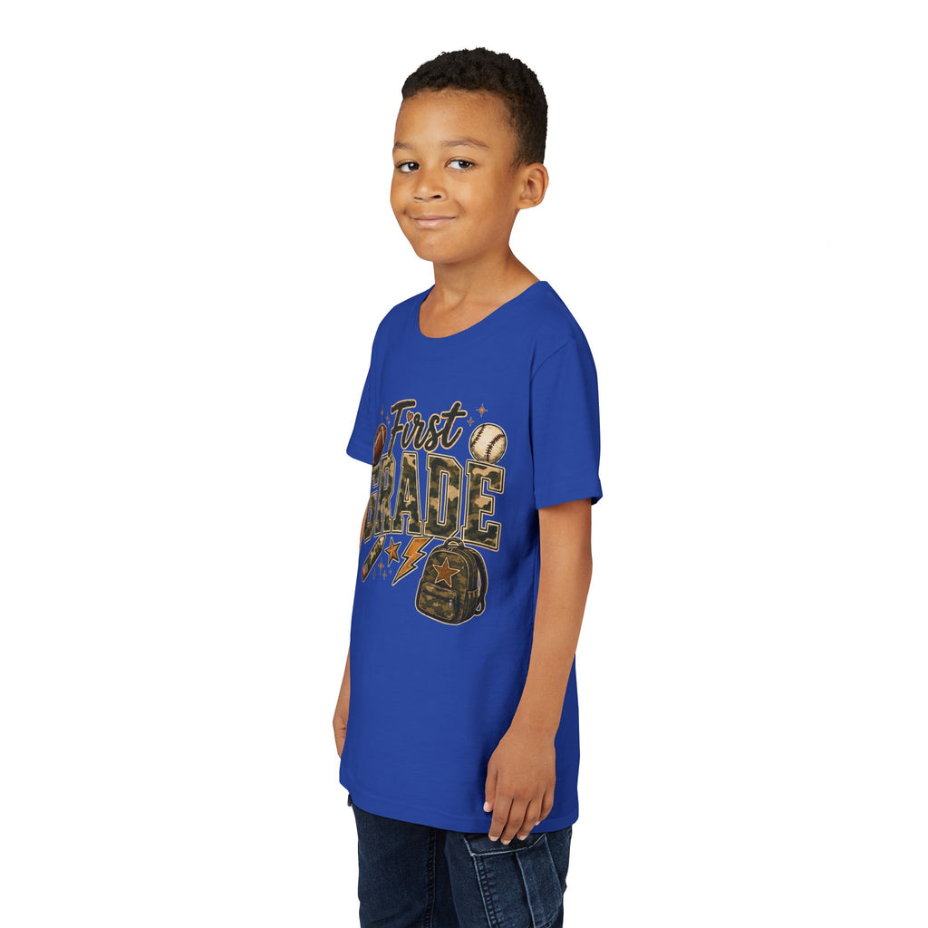 First Grade Kids T‑Shirt — Back to School Sports Backpack Design