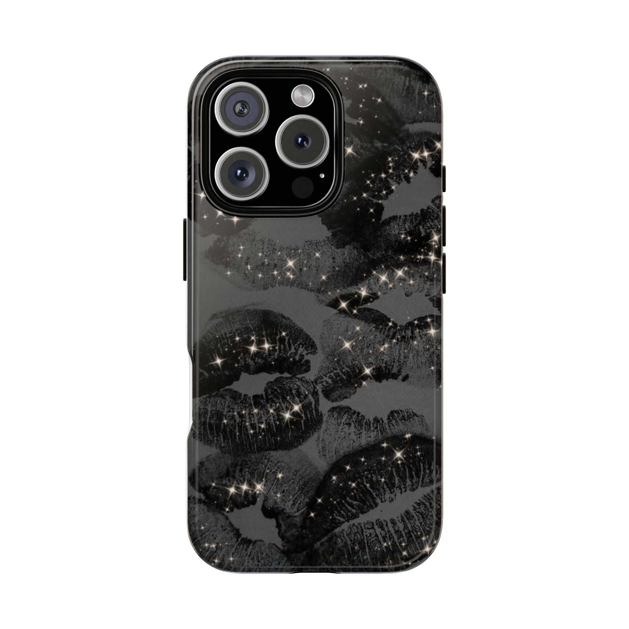 Black Glitter Kiss Phone Case — Sparkling Lip Print Protective Cover