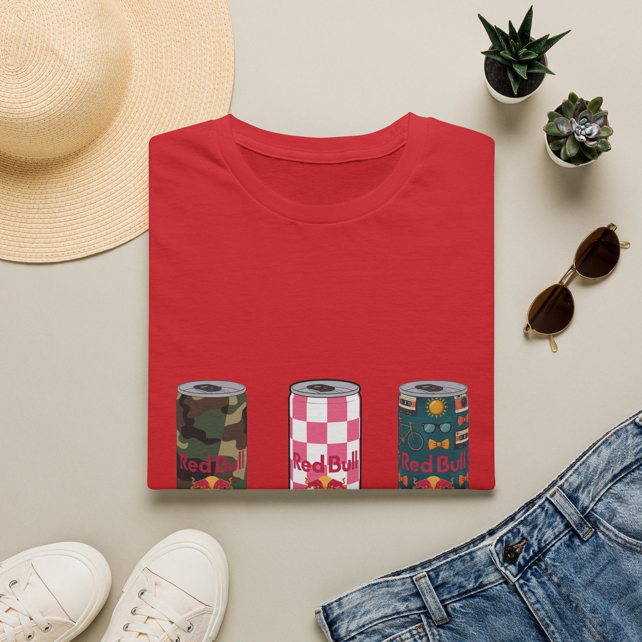 Energy Drink Can Trio T-Shirt — Camouflage, Checker & Floral Cans