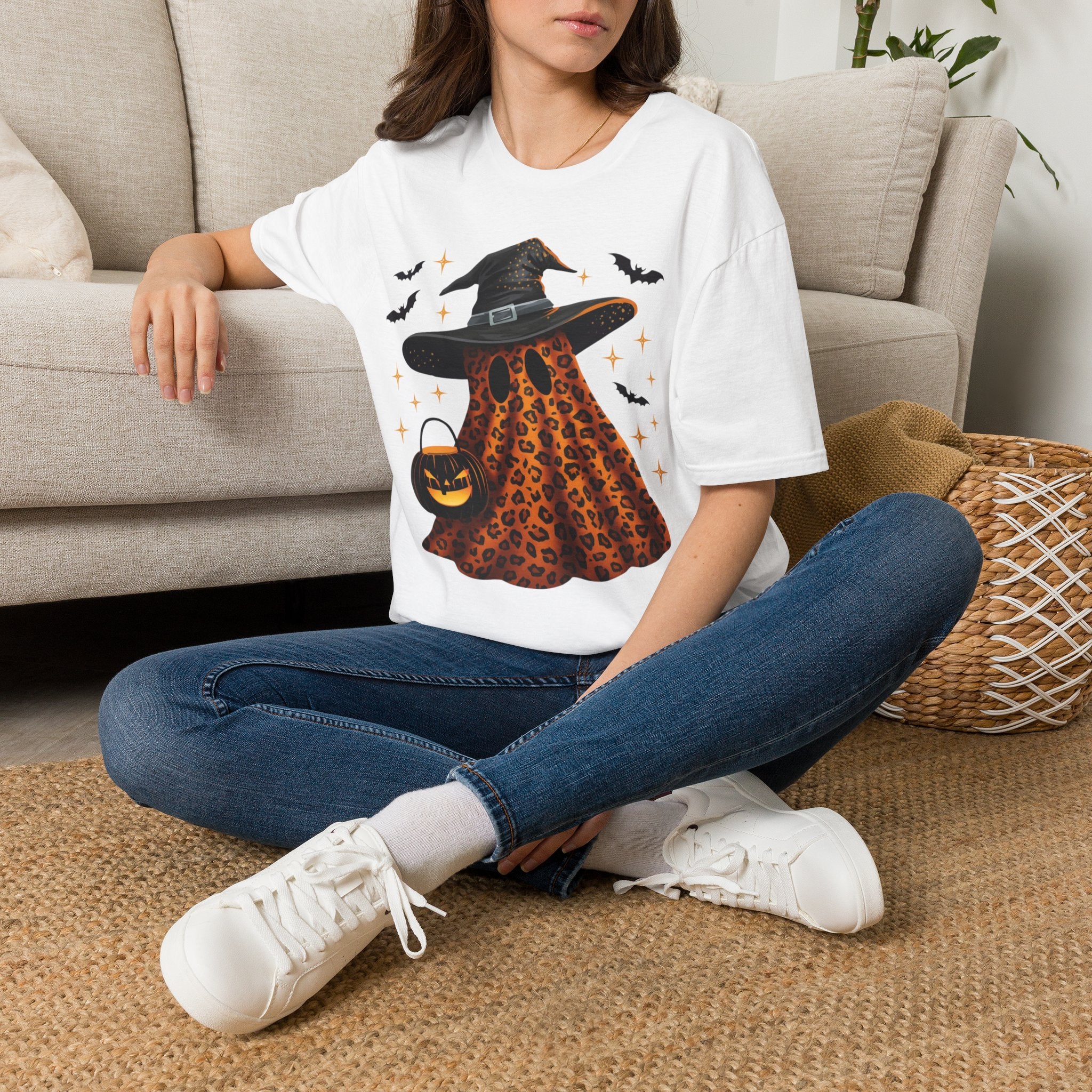 Halloween Leopard Ghost T-Shirt — Witch Hat & Bats Graphic
