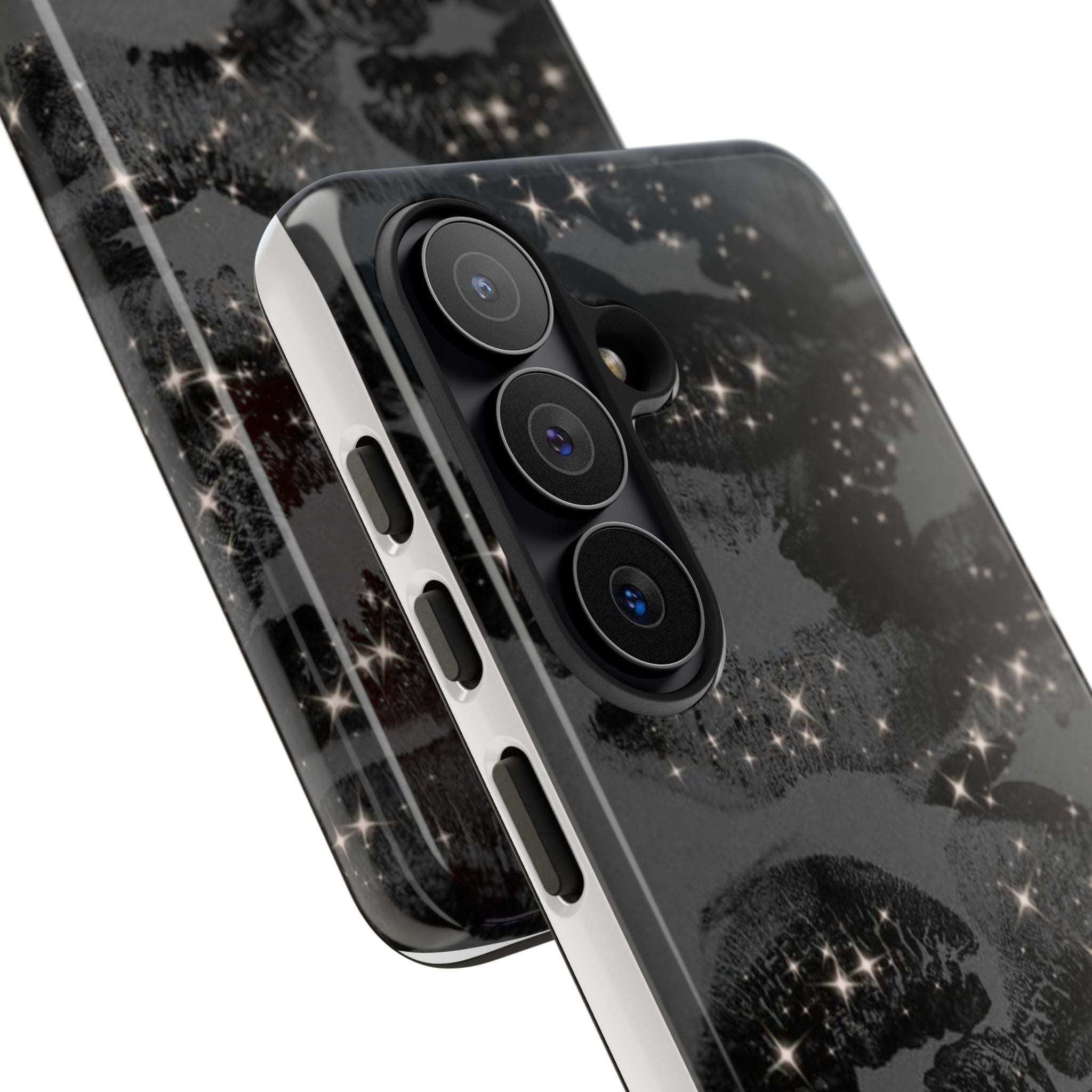 Black Glitter Kiss Phone Case — Sparkling Lip Print Protective Cover