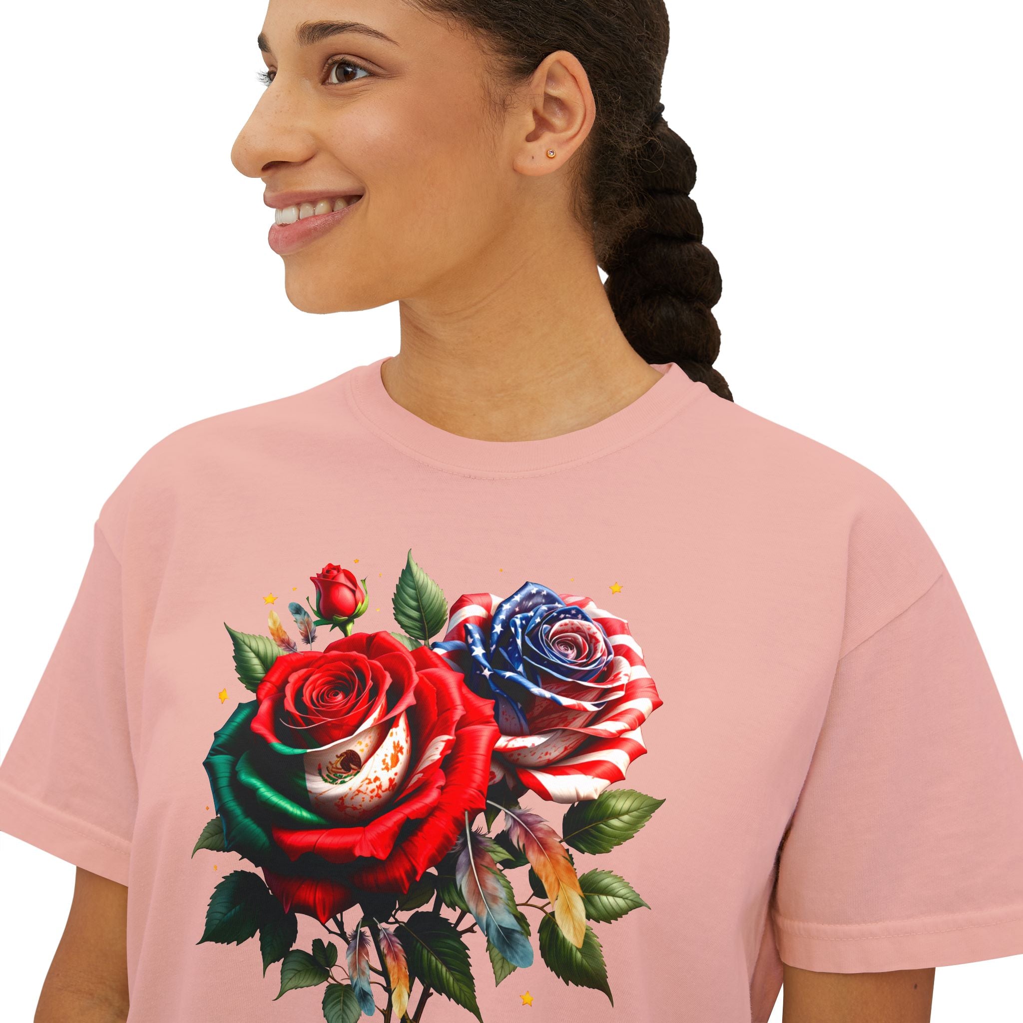 Women’s Boxy Tee — Vintage Red & Blue Rose Floral Graphic
