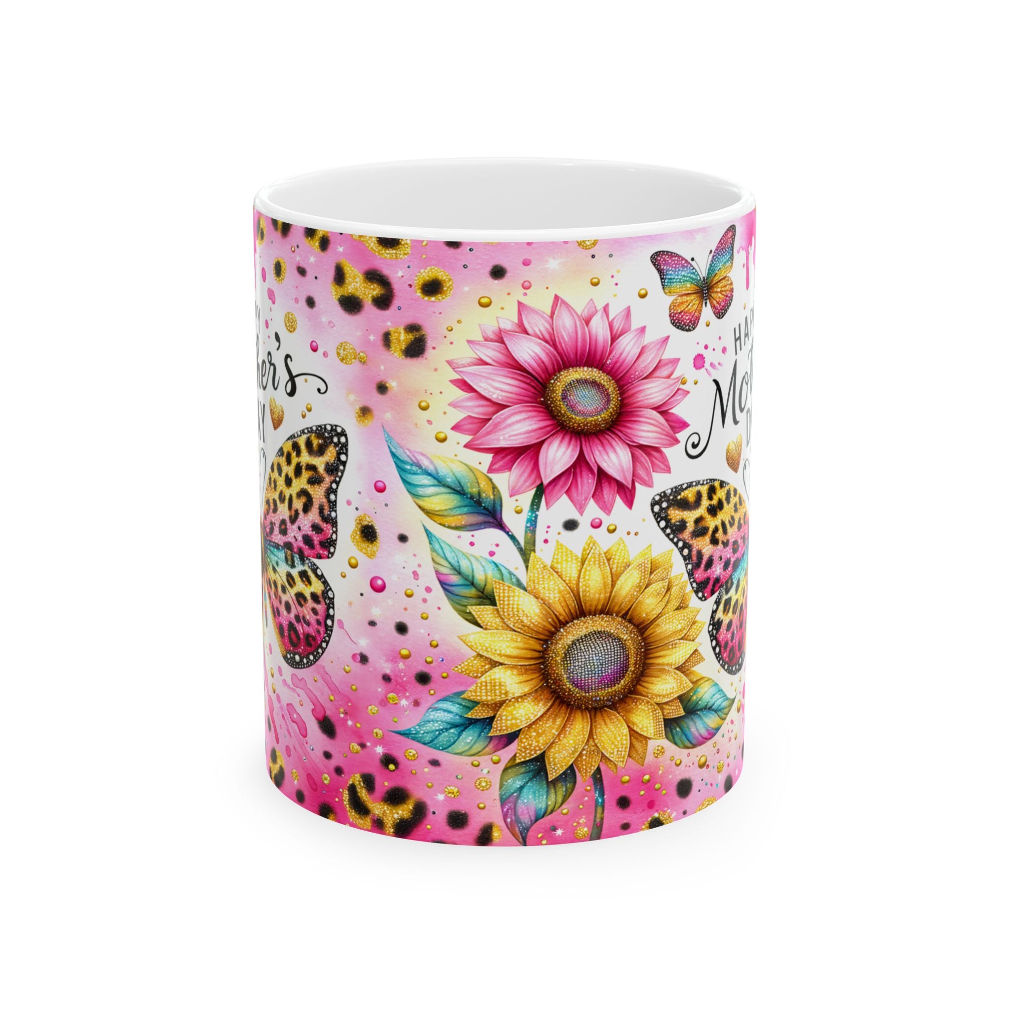 Sunflower & Leopard Print Mother's Day Ceramic Mug — Floral Butterfly Coffee Cup (11oz/15oz)