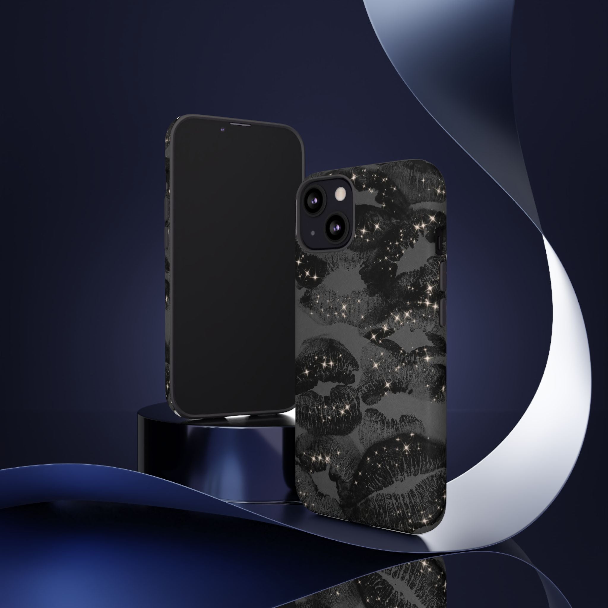 Black Glitter Kiss Phone Case — Sparkling Lip Print Protective Cover