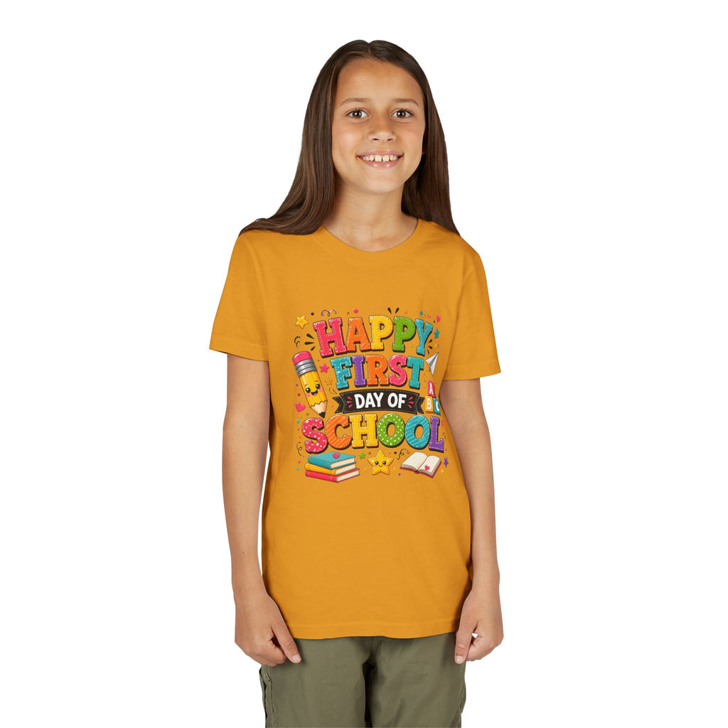 Youth Tee — "Happy First Day of School" Back-to-School Graphic Shirt