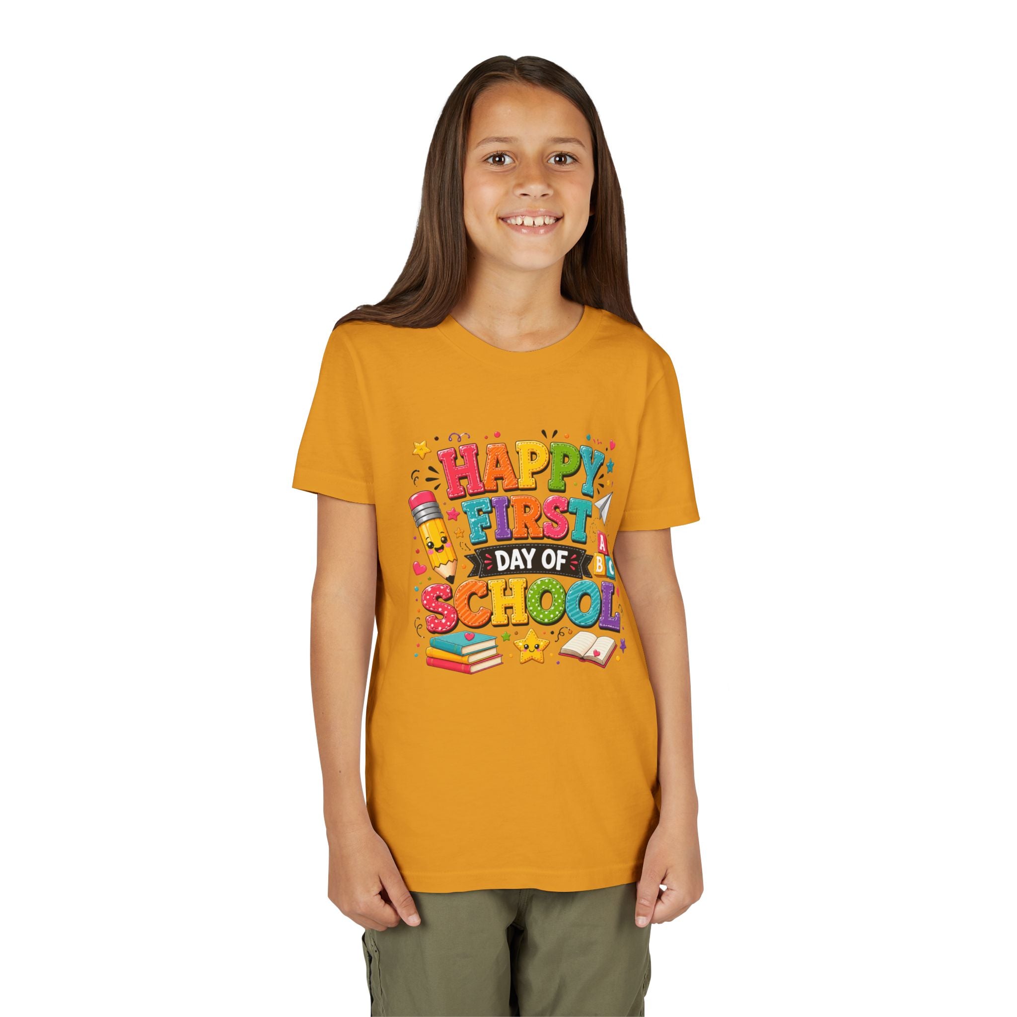 Youth Tee — "Happy First Day of School" Back-to-School Graphic Shirt