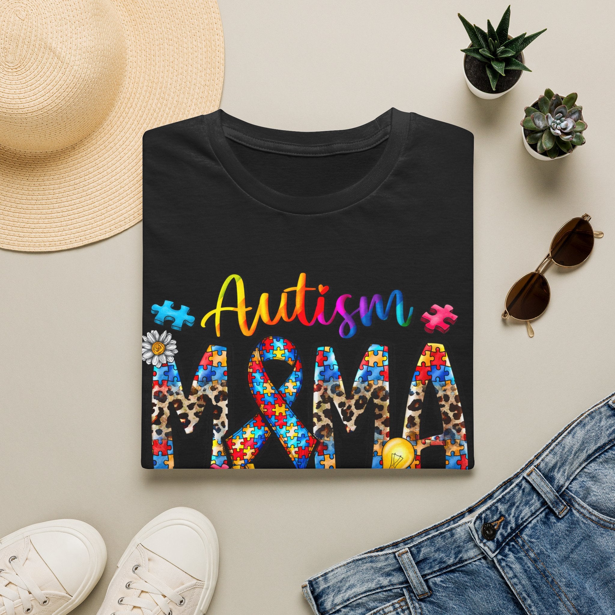 Autism Mama T-Shirt - Colorful Puzzle Ribbon Support Tee