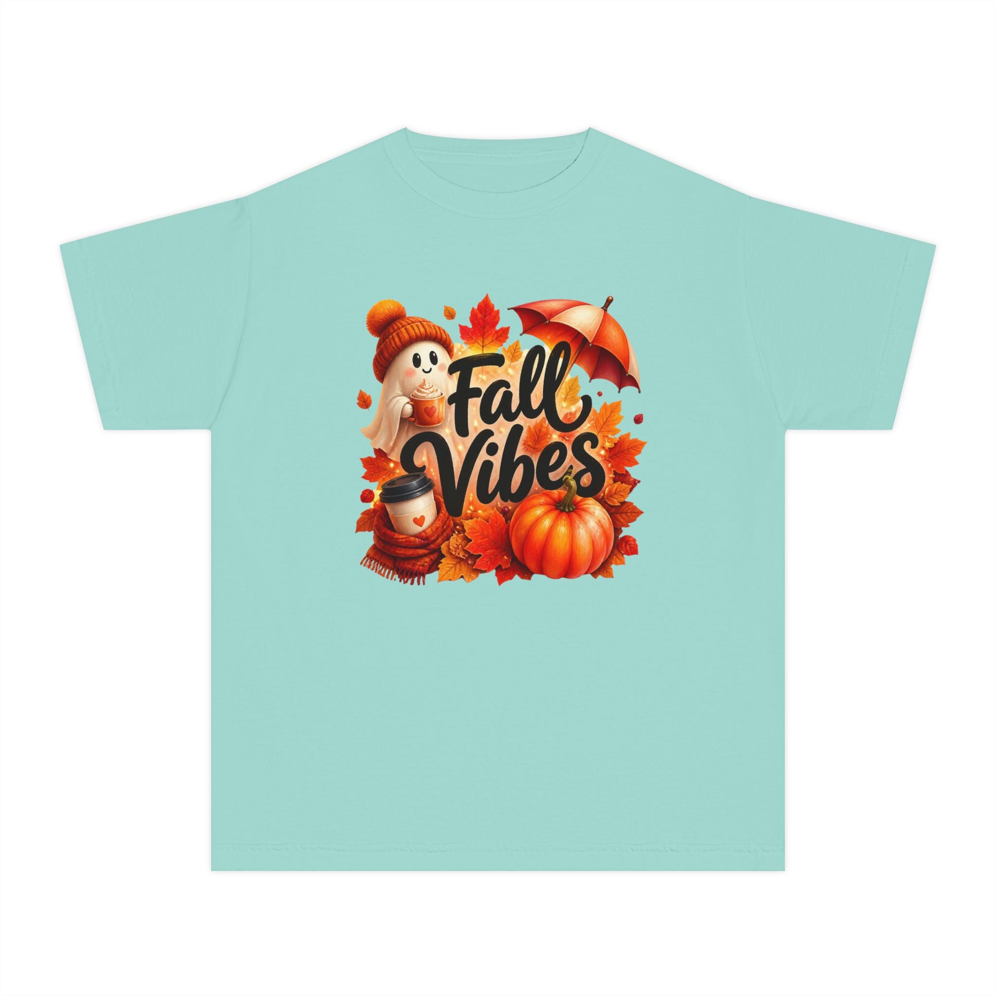 Fall Vibes Youth Tee — Cute Pumpkin, Leaves & Scarecrow Autumn Shirt