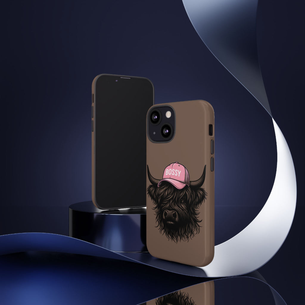 Phone Case — Highland Cow Wearing 'BOSSY' Pink Hat, Cute Farm Animal Protective Cover