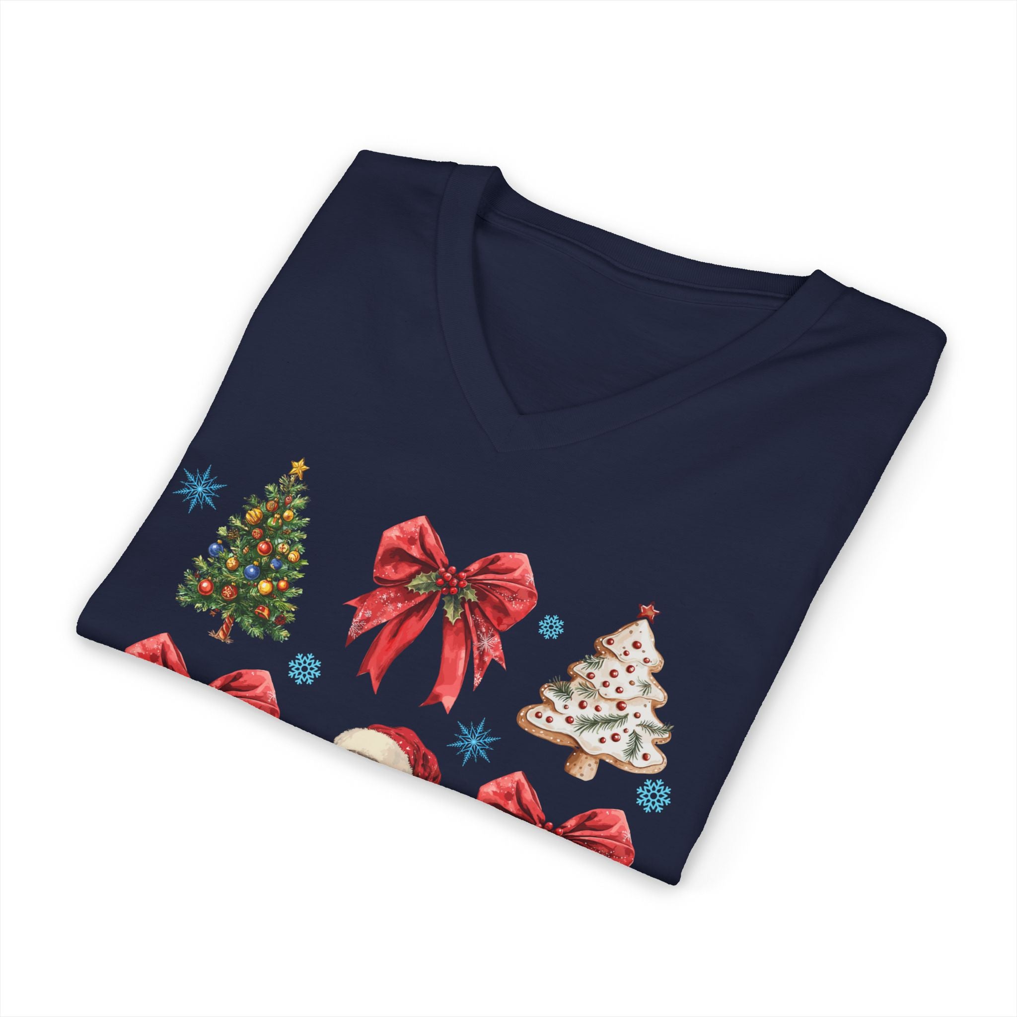 Christmas Icons V-Neck Tee — Santa, Trees & Holiday Bows