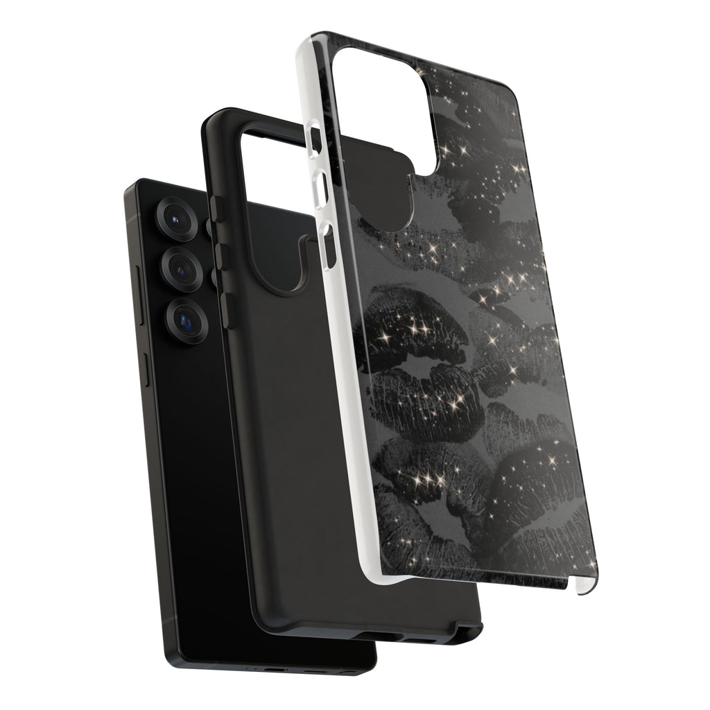 Black Glitter Kiss Phone Case — Sparkling Lip Print Protective Cover