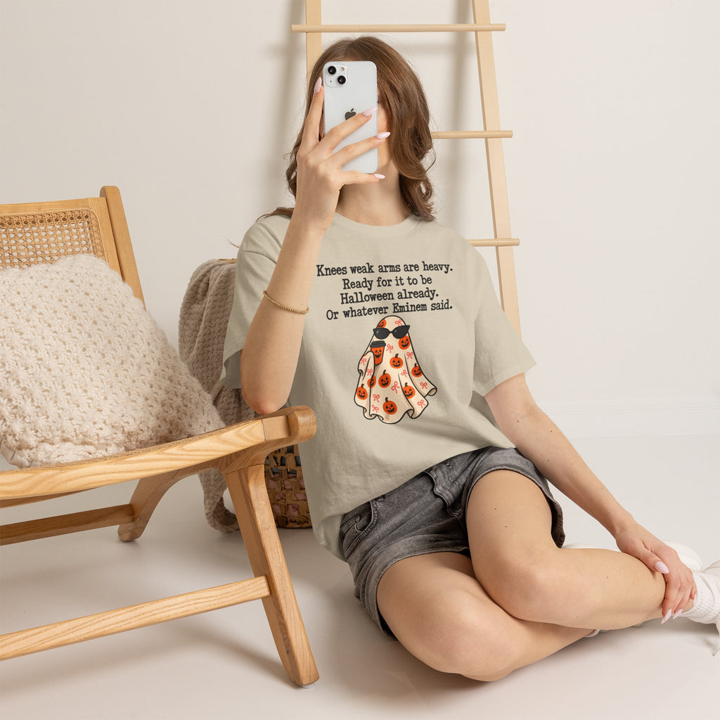 Funny Halloween Ghost T-Shirt — "Knees weak arms are heavy. Ready for it to be Halloween already. Or whatever Slim said."