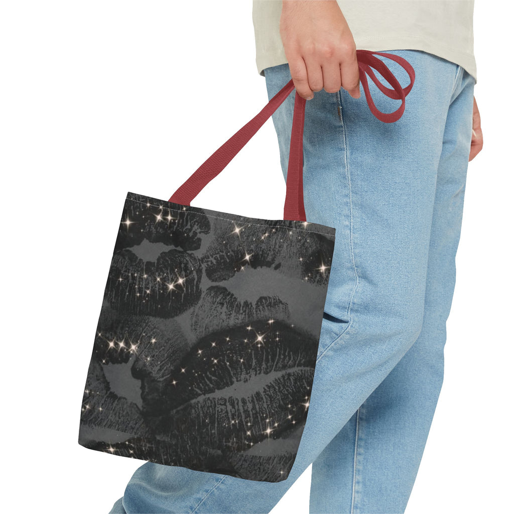 Glitter Kiss Print Tote Bag | Black Lipstick Pattern, Sparkle All-Over