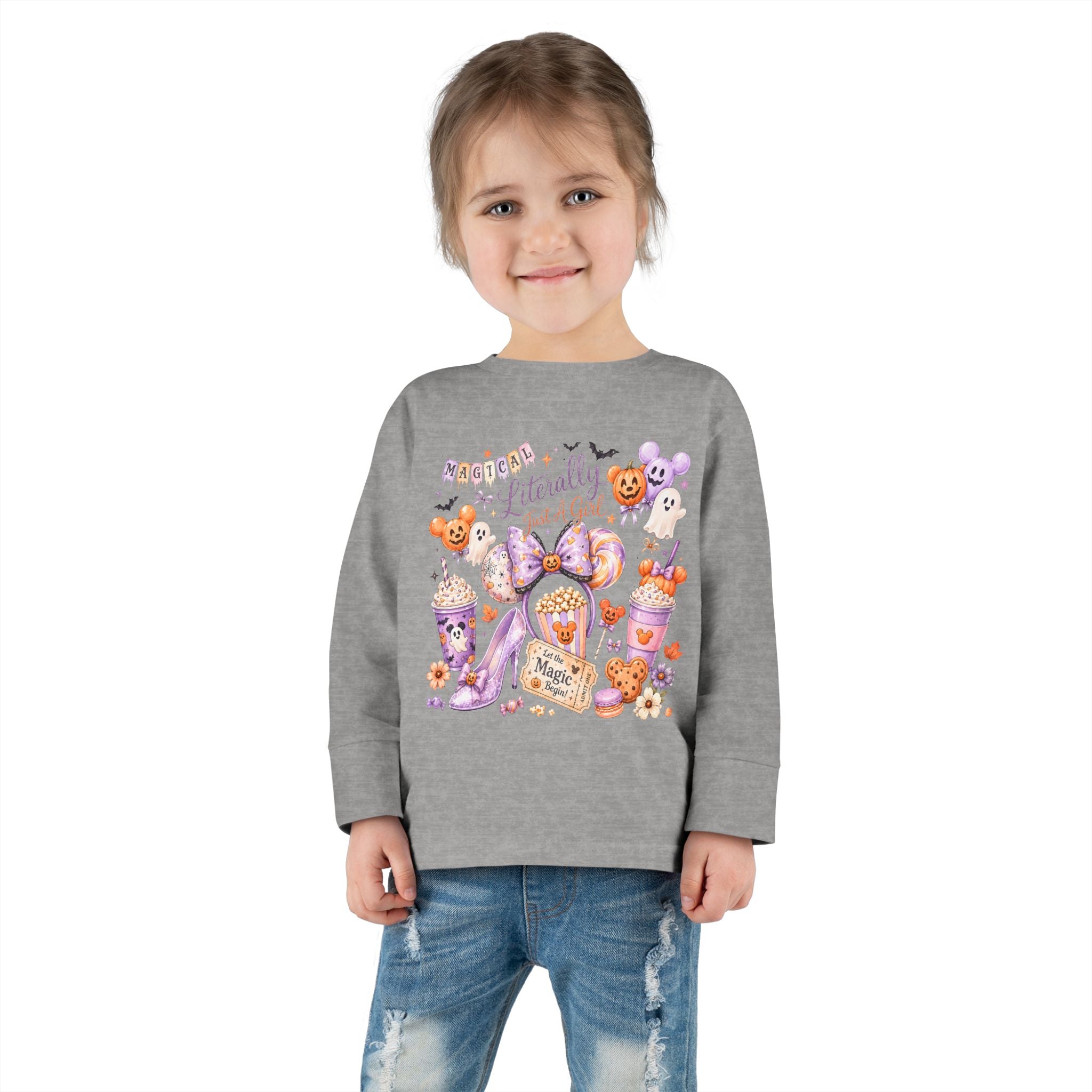 Toddler Long Sleeve Tee — "Pumpkin Spice & Magic" Halloween Minnie Bow Graphic