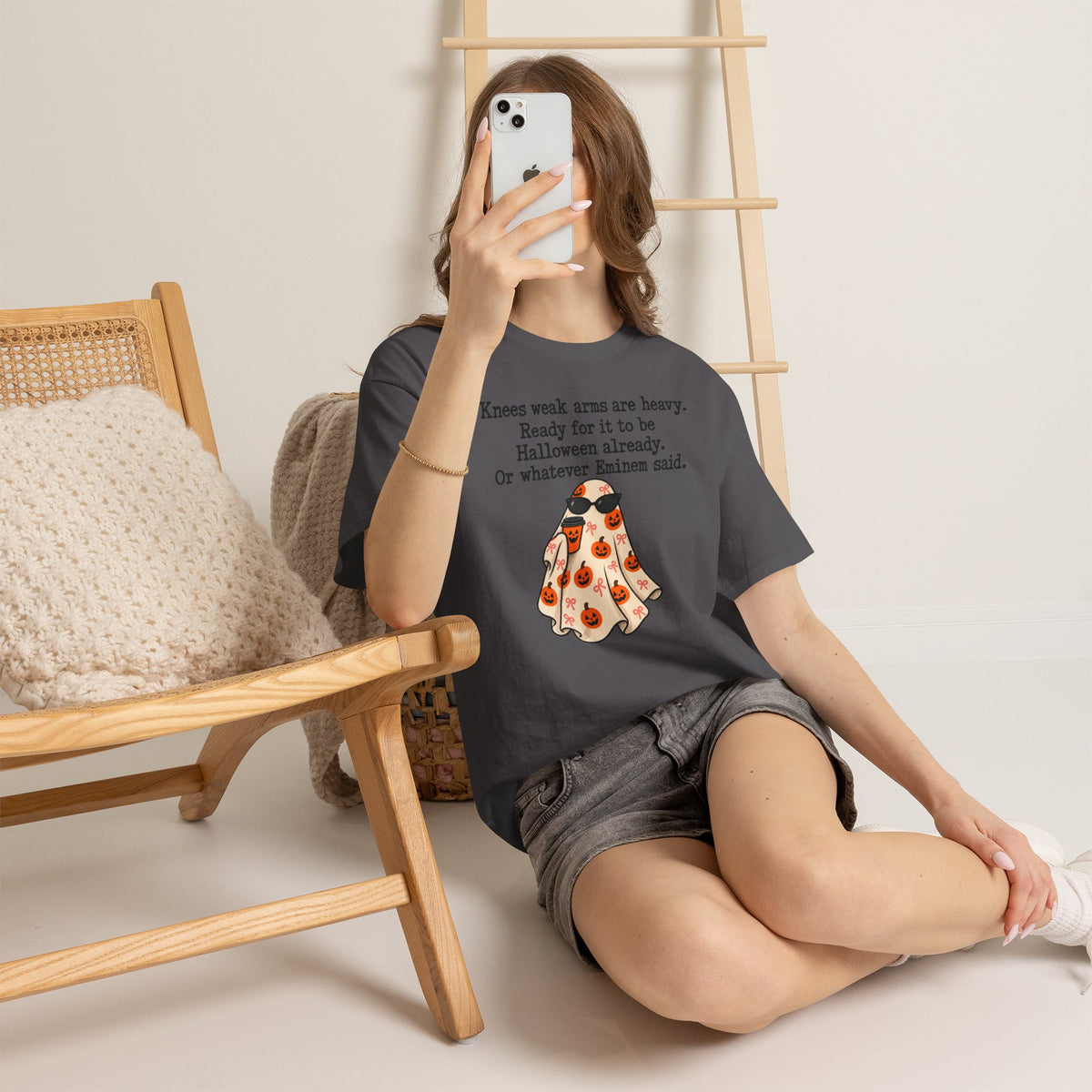 Funny Halloween Ghost T-Shirt — "Knees weak arms are heavy. Ready for it to be Halloween already. Or whatever Slim said."