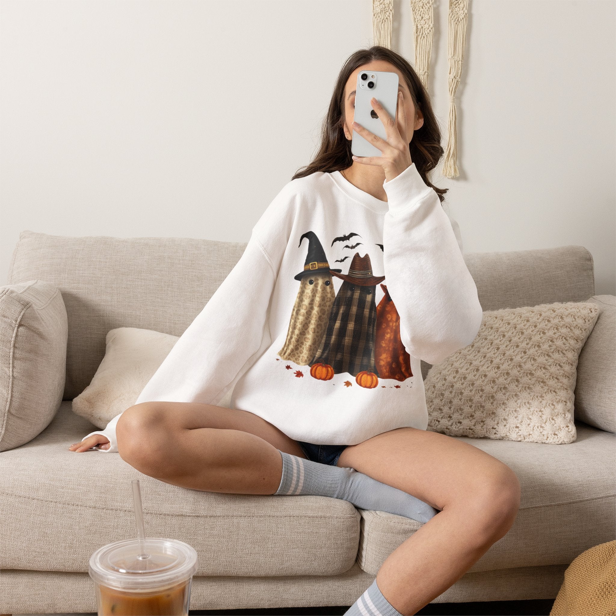 Halloween Witch Ghosts Crewneck Sweatshirt — Cozy Pumpkin & Bats Fall Graphic