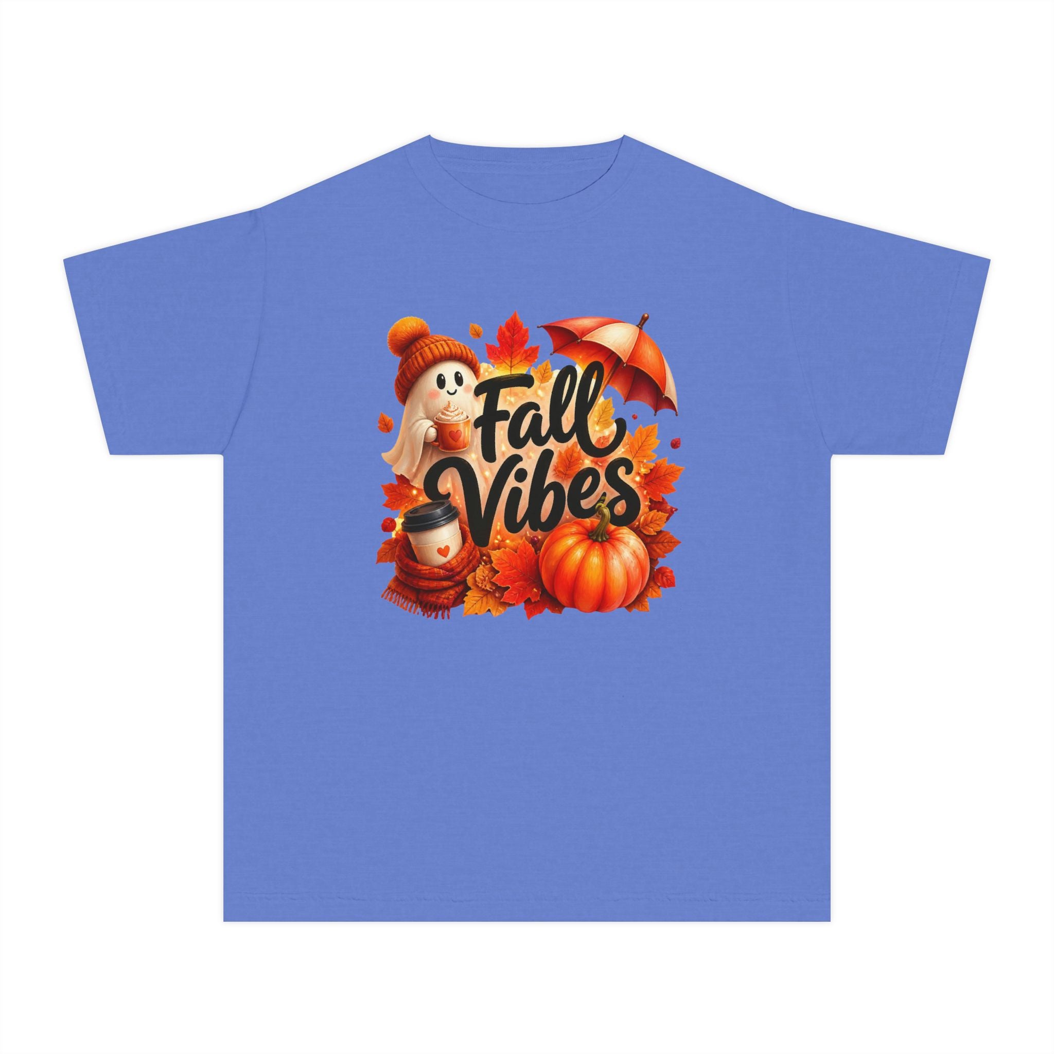 Fall Vibes Youth Tee — Cute Pumpkin, Leaves & Scarecrow Autumn Shirt
