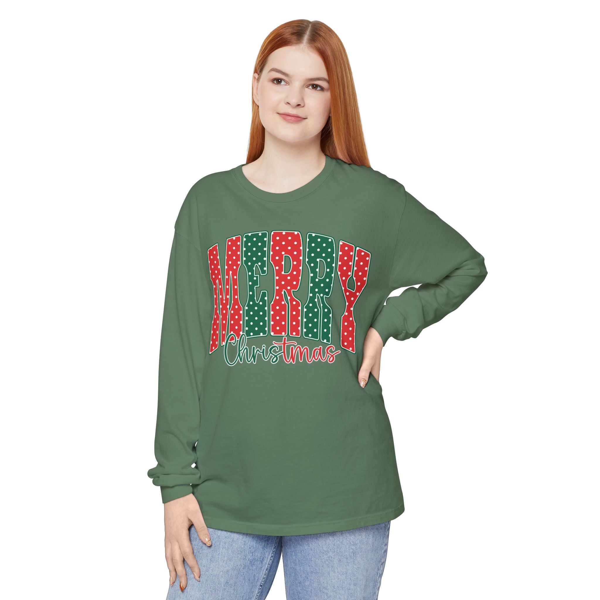 Merry Christmas Long Sleeve Tee — Festive Red & Green Holiday Shirt