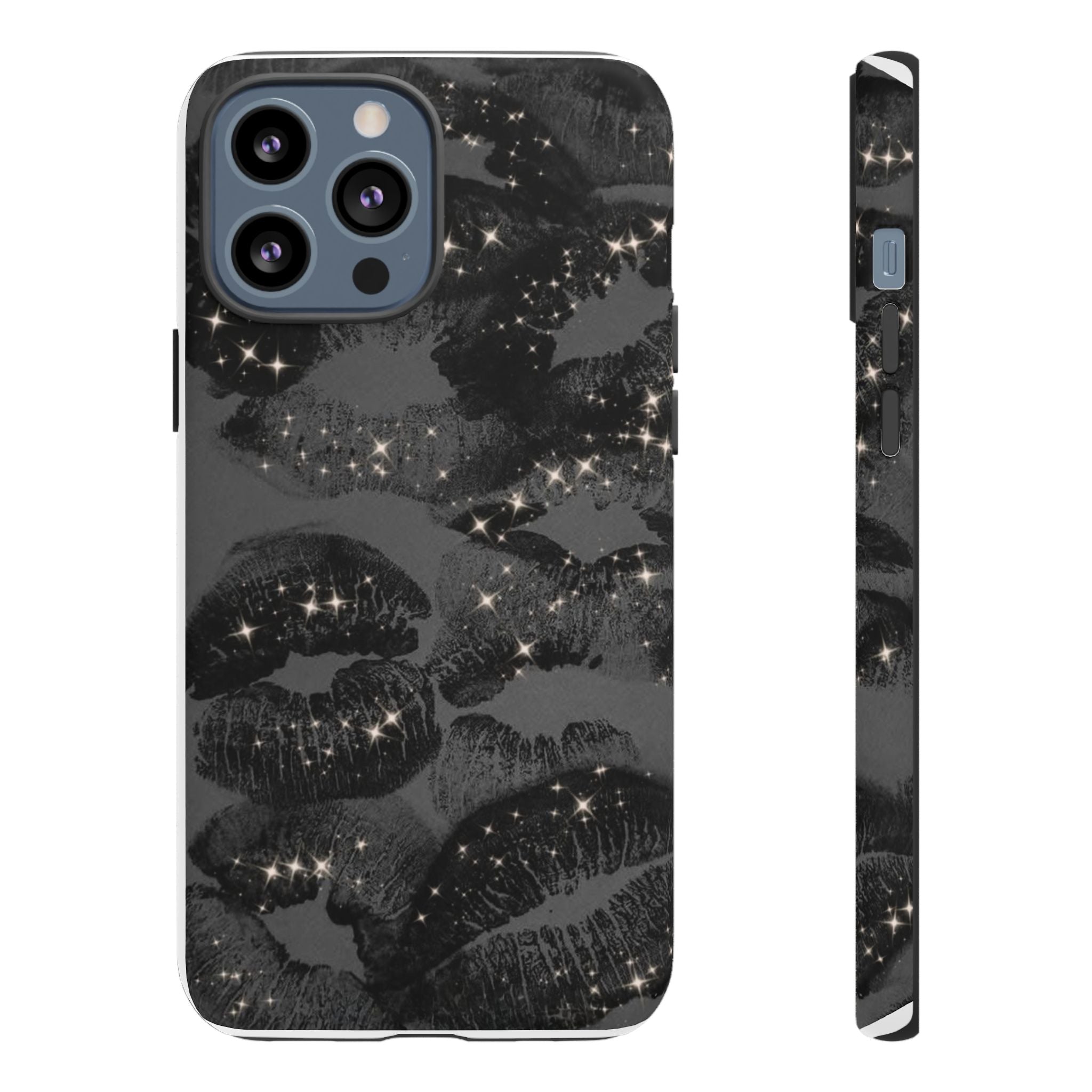 Black Glitter Kiss Phone Case — Sparkling Lip Print Protective Cover