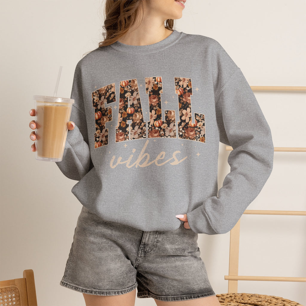 Fall Vibes Crewneck Sweatshirt — Floral Lettering Autumn Pullover