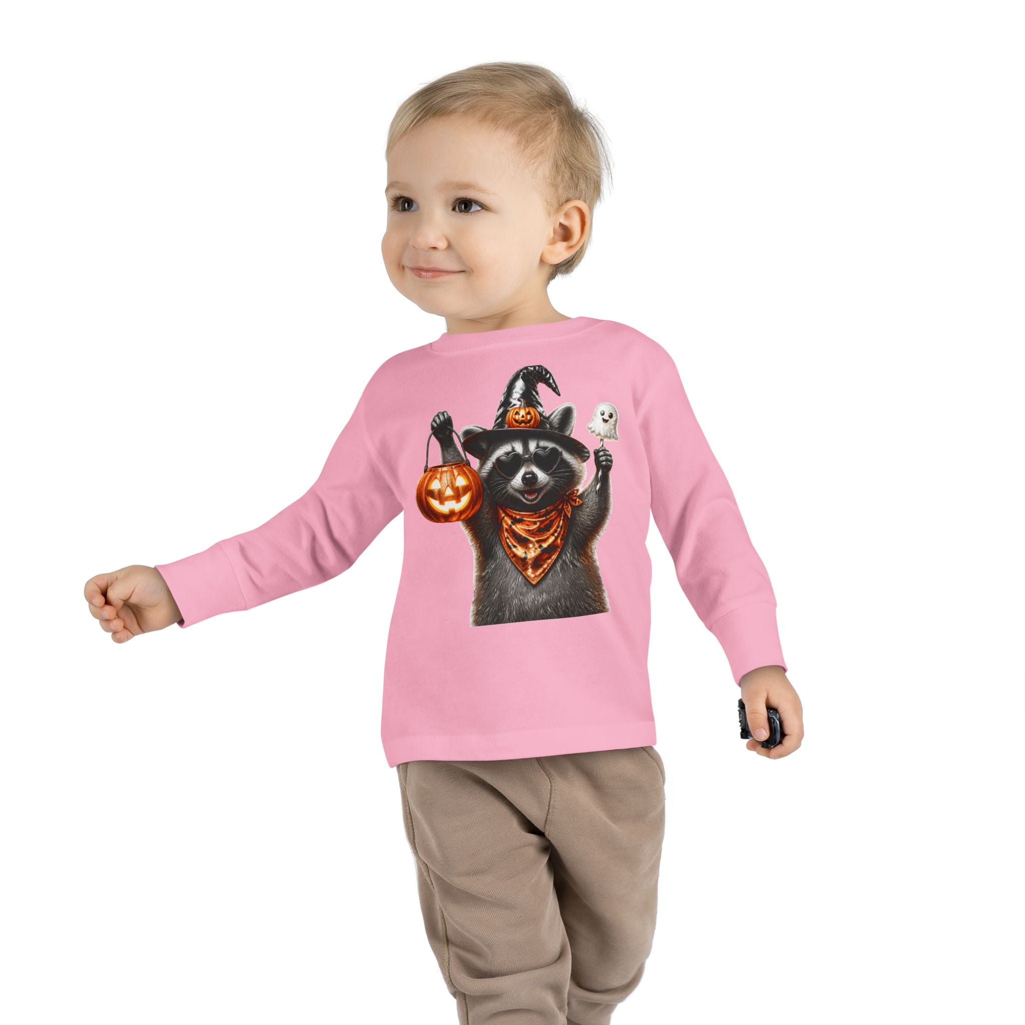Toddler Long Sleeve Tee - Halloween Raccoon Trick-or-Treat Shirt with Witch Hat & Jack-O'-Lantern
